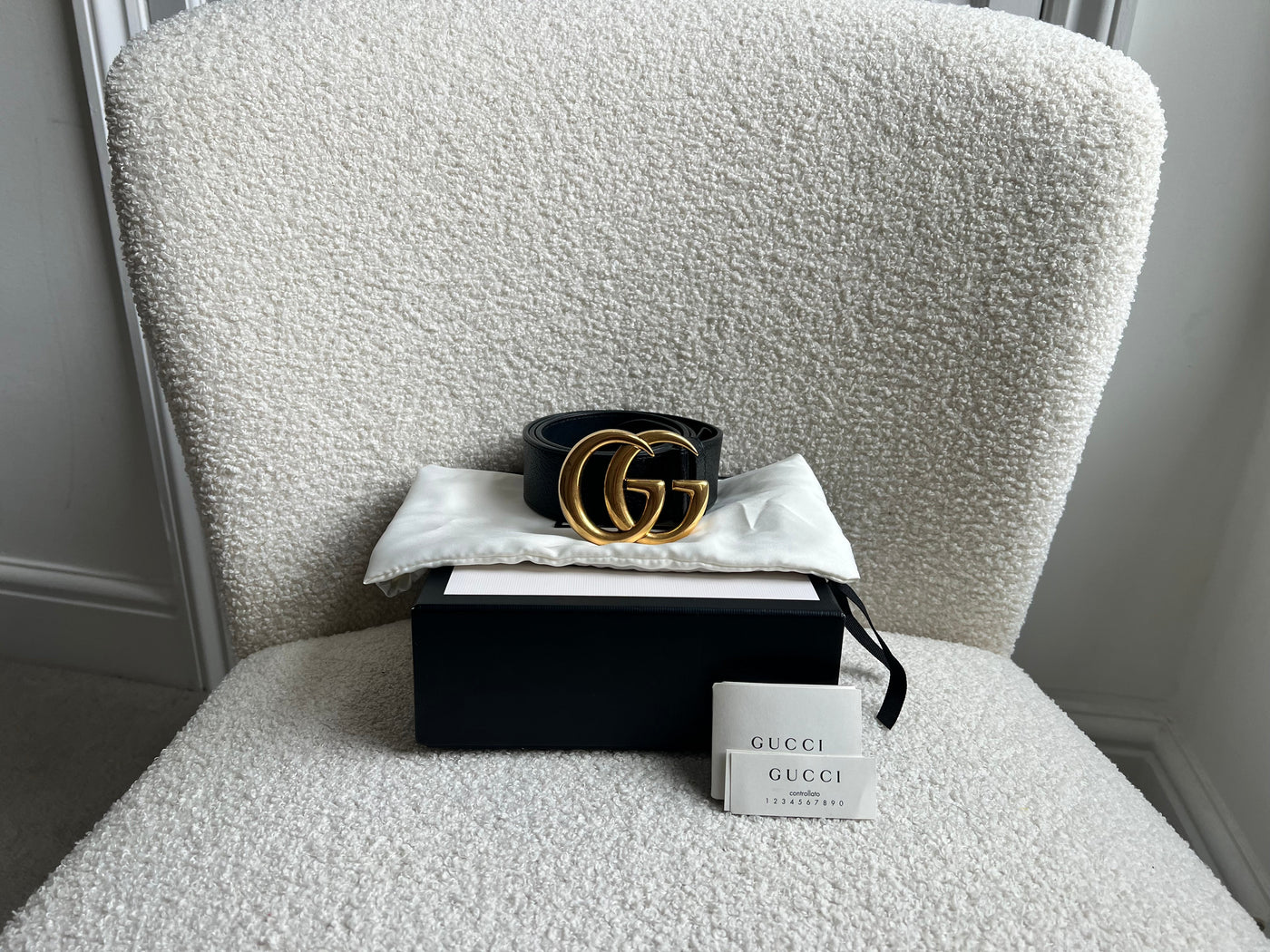 Gucci GG Marmont Black Wide Leather Belt with Shiny Gold Buckle (RRP £410) | Studio Nafay