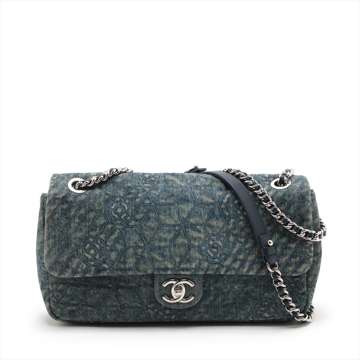 Chanel Camellia Denim Single Flap Double Chain Bag Blue Silver G St Several -Earth Harnesses - Product Image 2