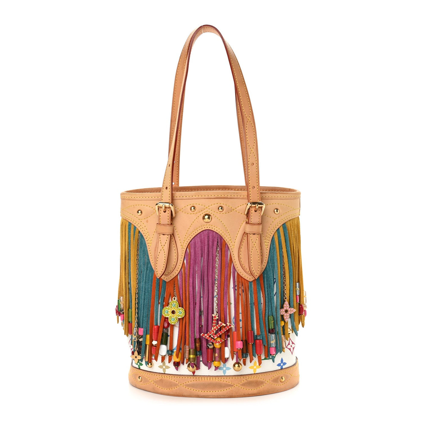 LOUIS VUITTON Made Multi Color Monogram Bucket Fringe?Blanc/Multi in Blanc / Multicolor