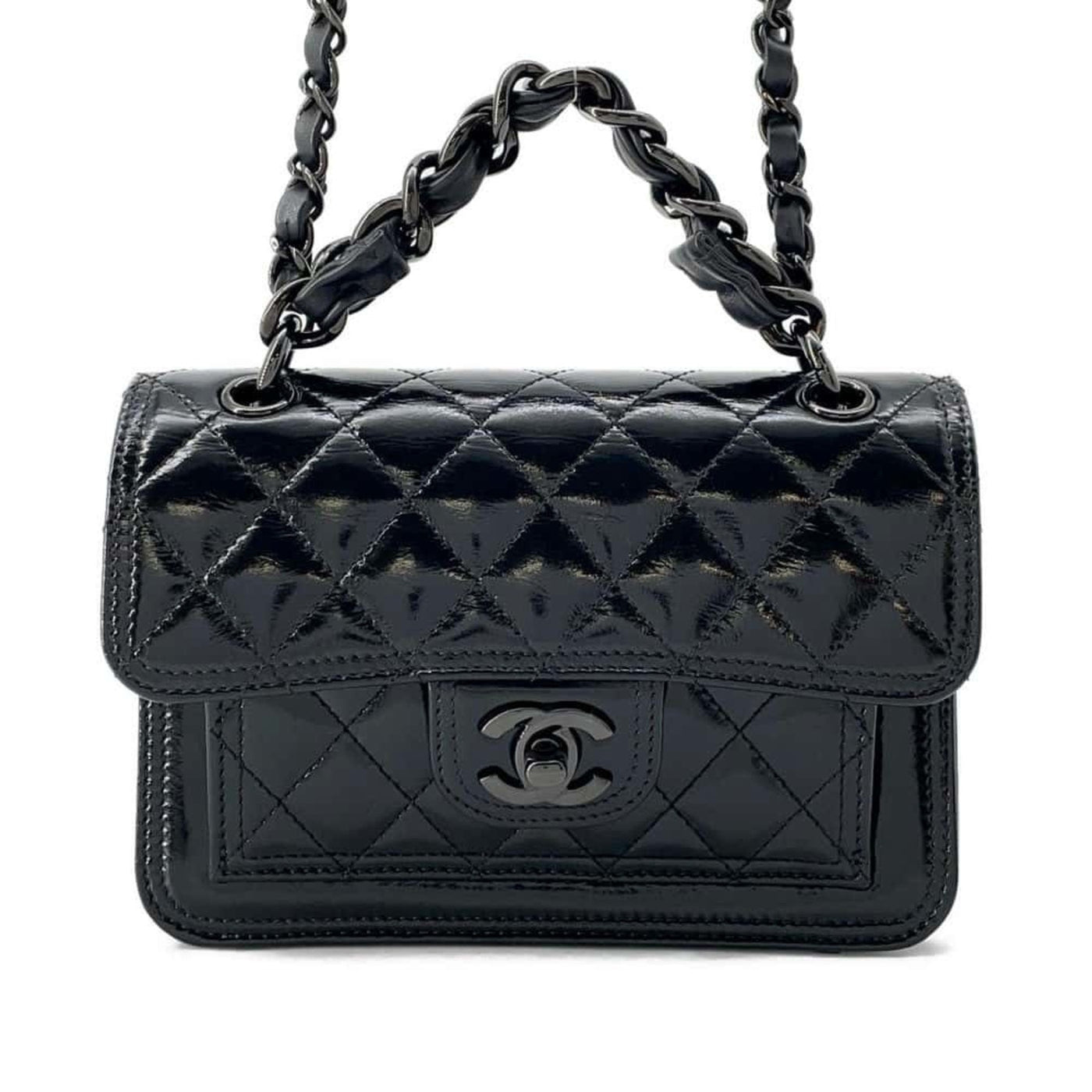 Chanel Chain Shoulder Bag Matelasse Coco Mark Shiny Calf Leather CHANEL Black | Studio Nafay