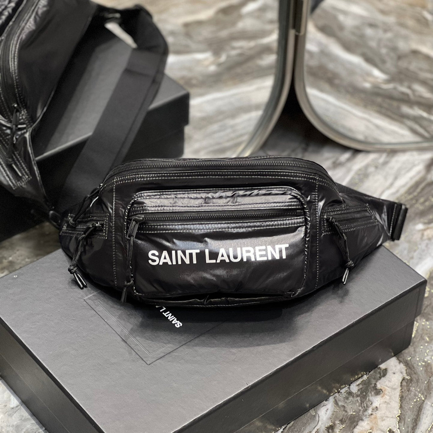 CROSSBODY BAG 24 IN BLACK POLISHED NYLON | Studio Nafay