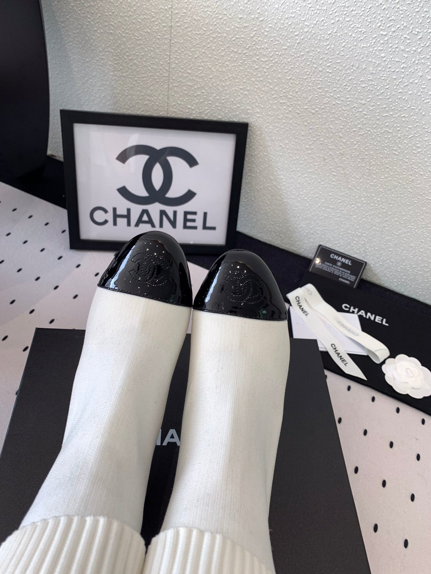 CC Short Boots 55mm White Black Wool Mix Glossy Cowhide 938067 - Product Image 5