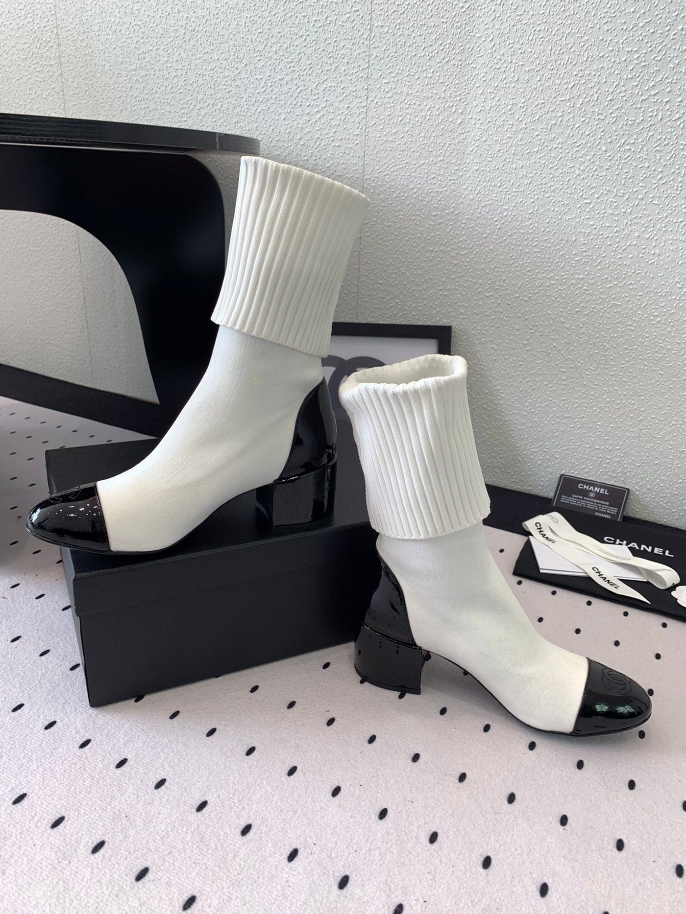 CC Short Boots 55mm White Black Wool Mix Glossy Cowhide 938067 - Product Image 6