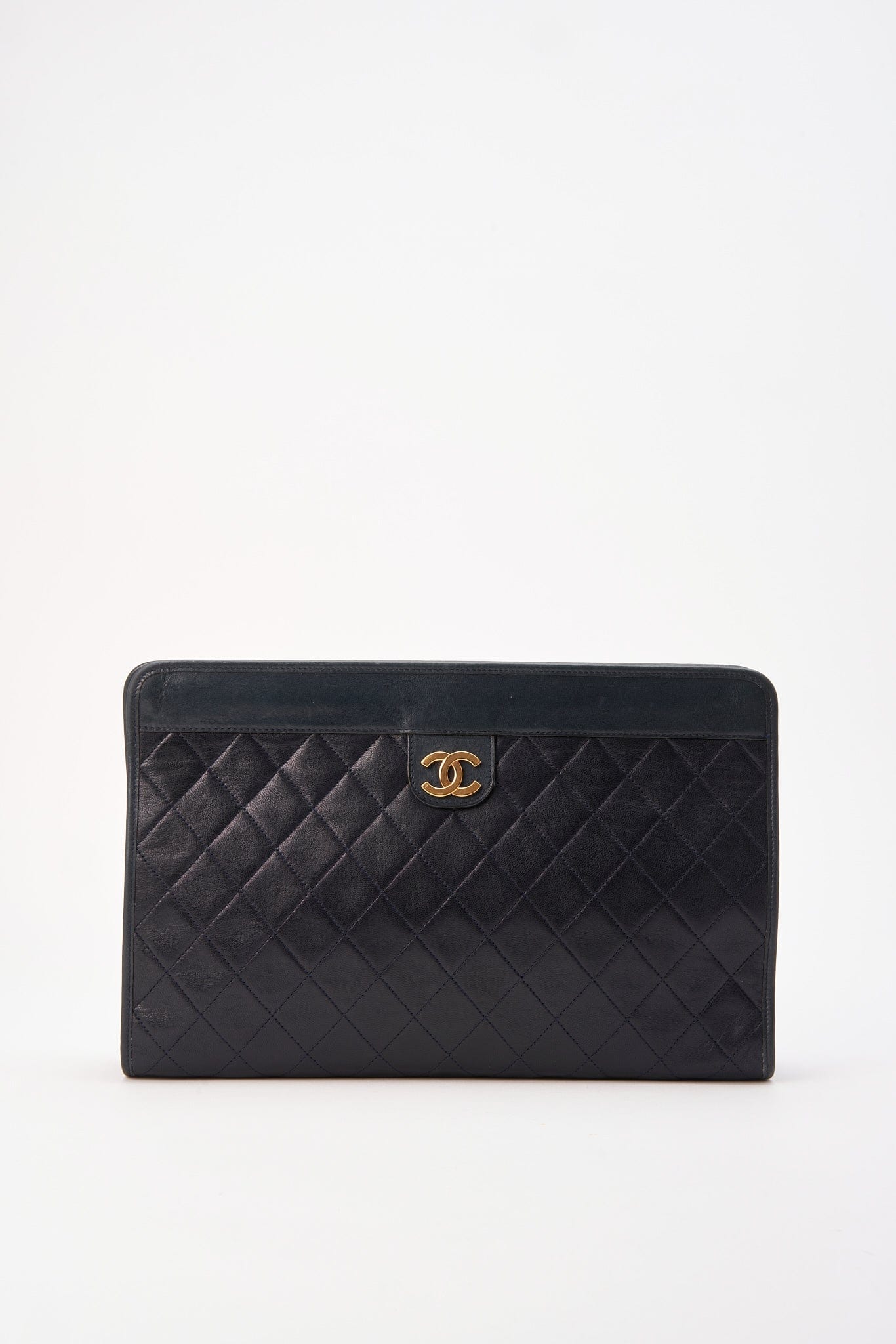 Chanel Navy Leather Clutch Bag With 24K Gold Plated Hardware | Studio Nafay