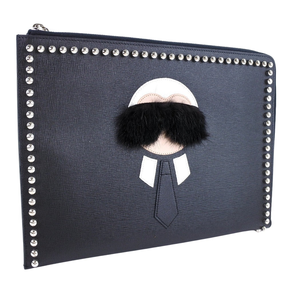 FENDI Clutch bag 7MP F0V3X leather black Karl Lagerfeld Studs carlito flat clutch Women | Studio Nafay