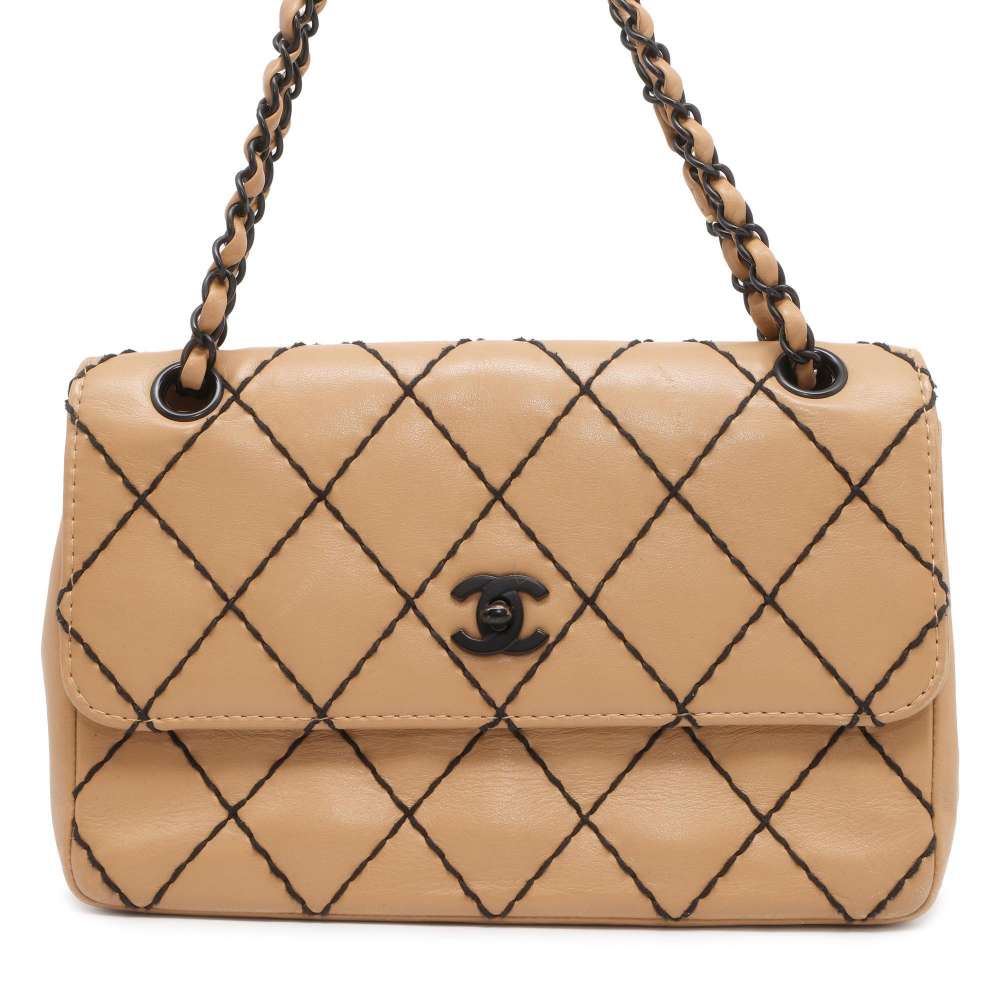 CHANEL CC Logo Wild Stitch Double Chain Shoulder Bag Beige Calf Leather - Product Image 2