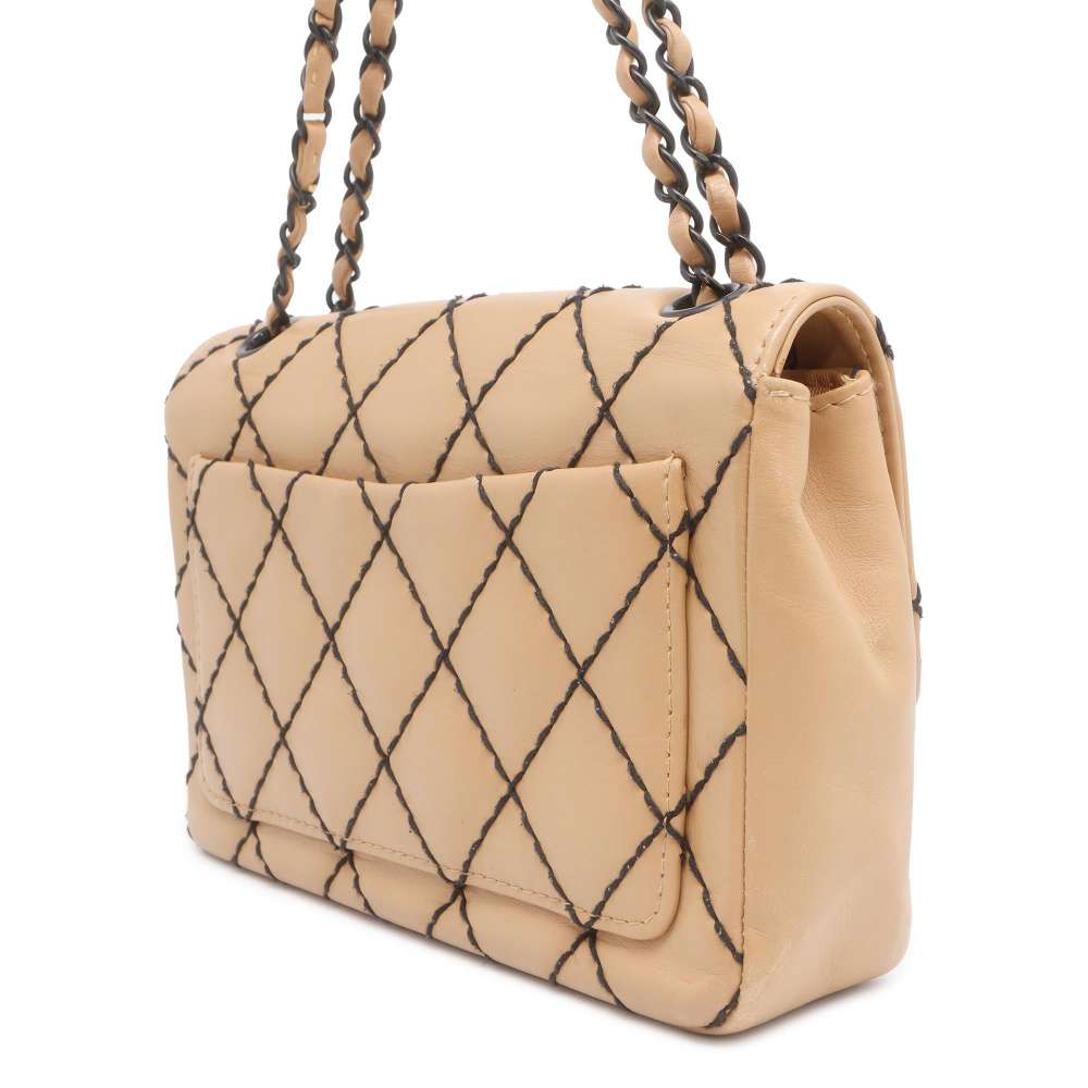 CHANEL CC Logo Wild Stitch Double Chain Shoulder Bag Beige Calf Leather | Studio Nafay