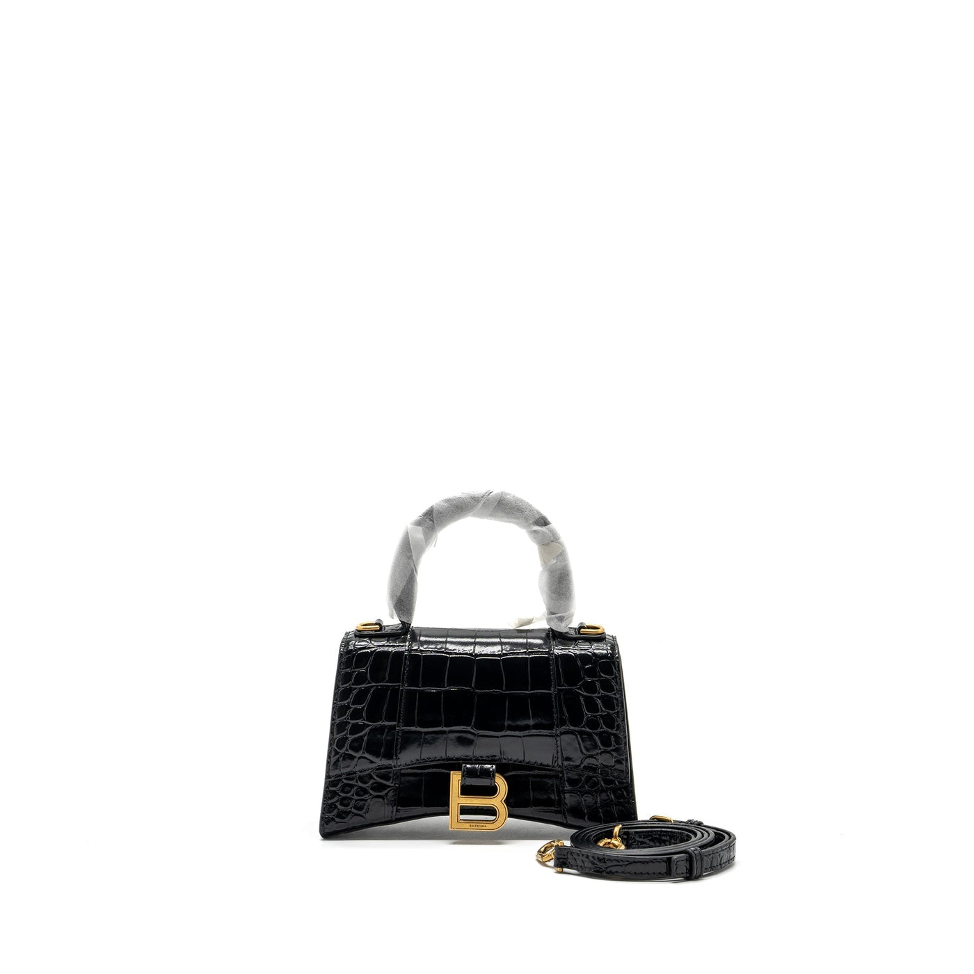 Balenciaga Hourglass XS Handbag Crocodile Embossed Black GHW | Studio Nafay