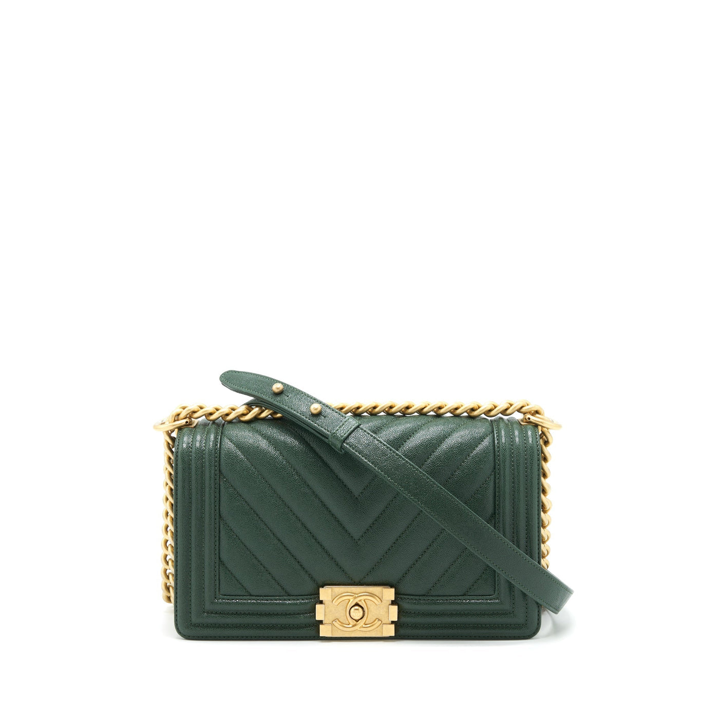 Chanel Chevron Medium Boy Bag Caviar Green Brushed GHW - Product Image 2