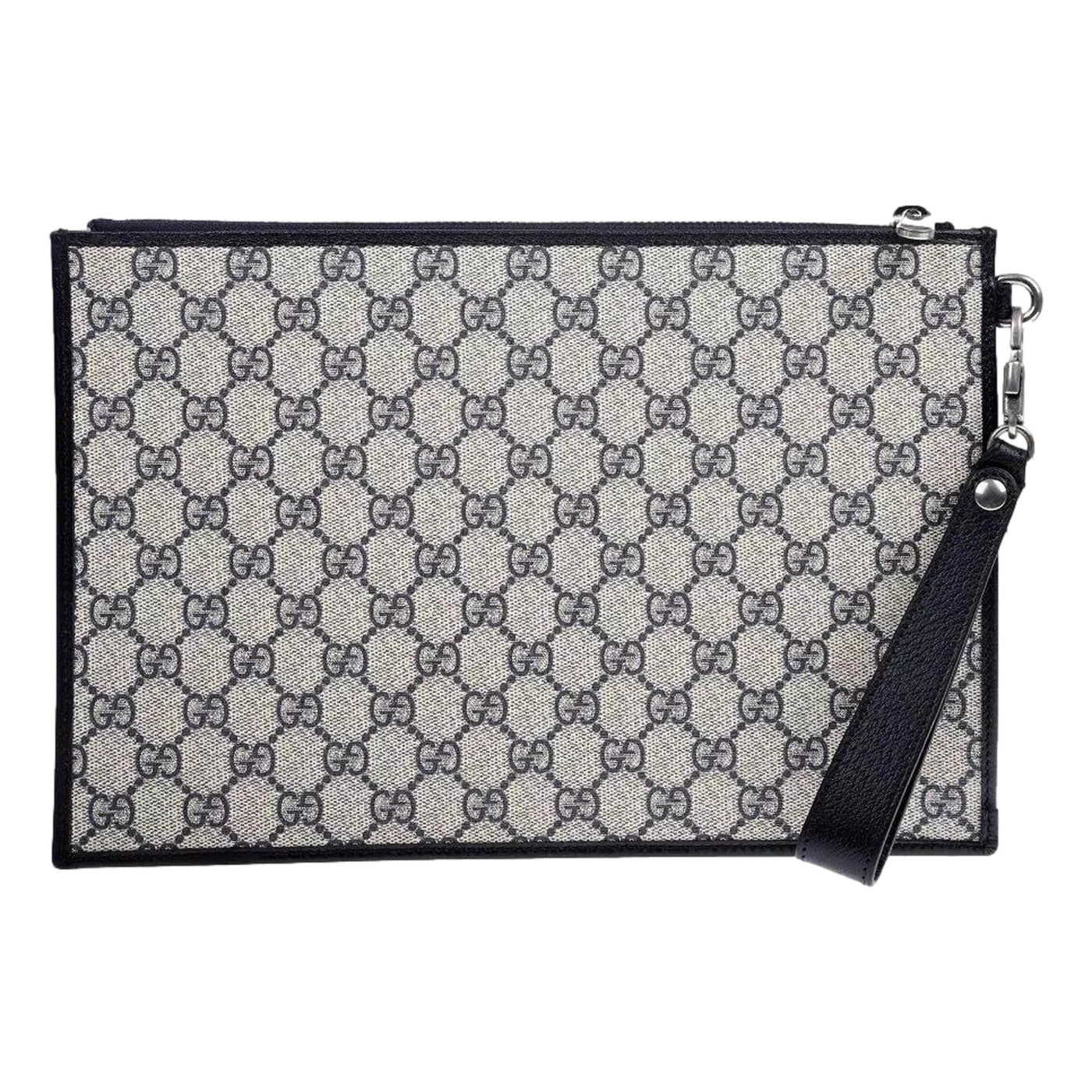 Gucci GG Supreme Coated Canvas Wristlet Clutch Handbag Beige and Navy | Studio Nafay
