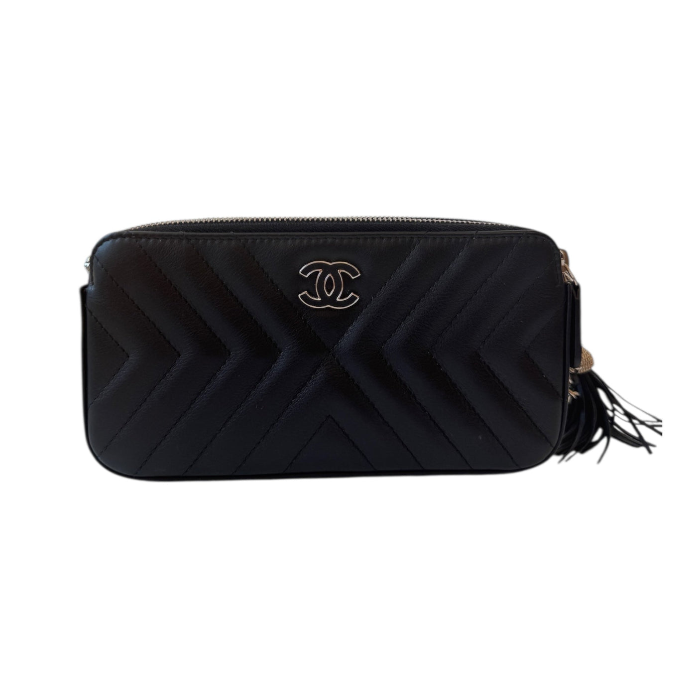 CC Calfskin Chevron Quilted Tassel Clutch With Chain Shoulder Bag