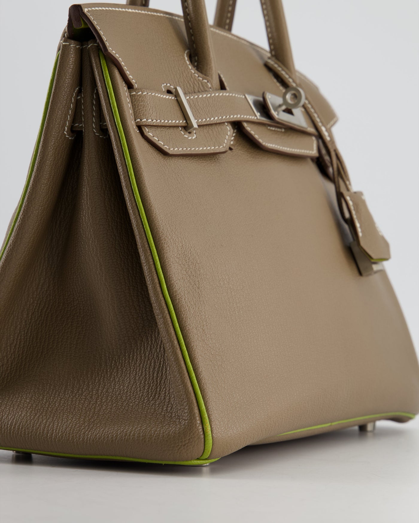 Hermes HSS Birkin 30 Retourne Bag in Etoupe & Vert Anis Chèvre Mysore with Brushed Palladium Hardware - Product Image 12
