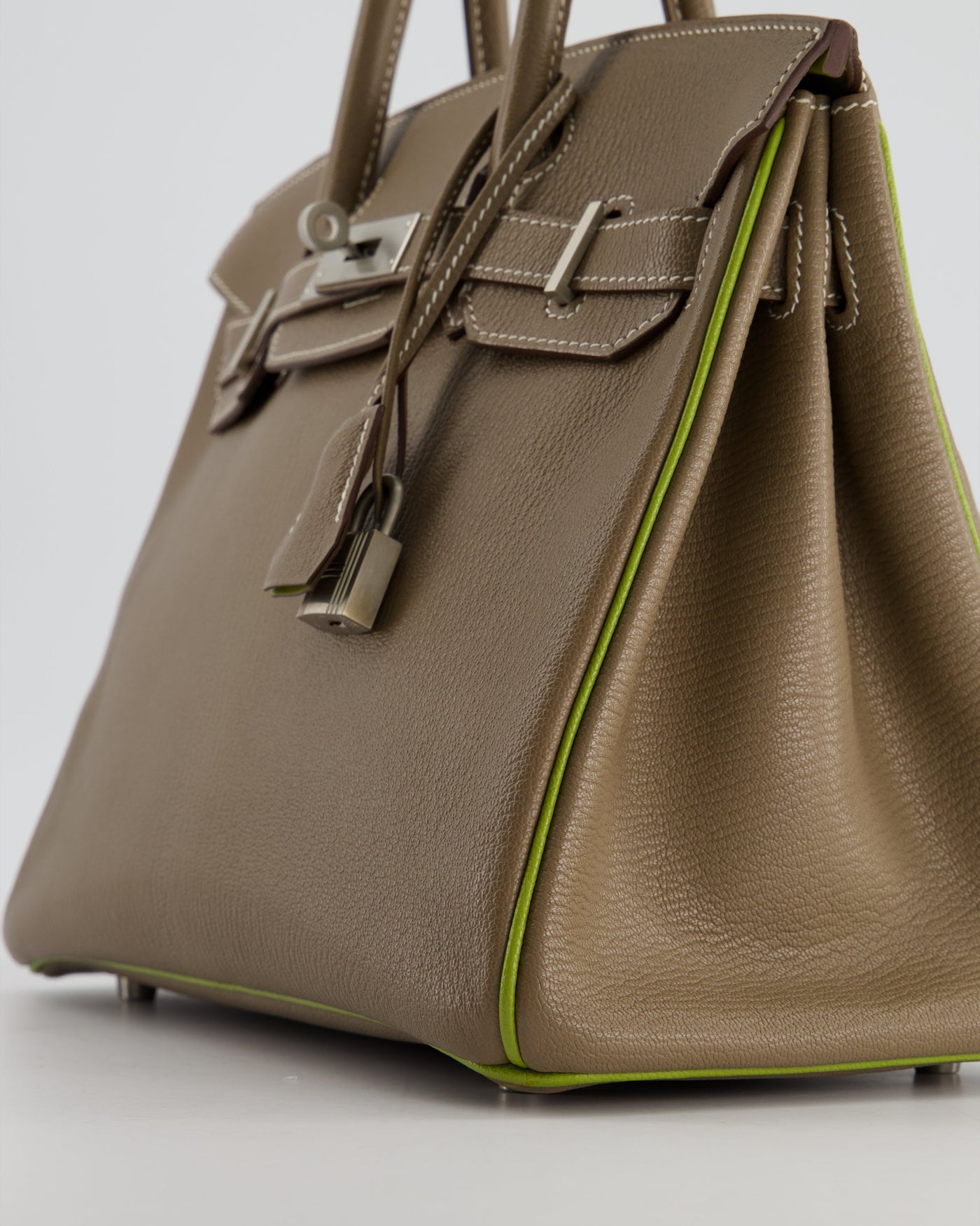 Hermes HSS Birkin 30 Retourne Bag in Etoupe & Vert Anis Chèvre Mysore with Brushed Palladium Hardware - Product Image 13