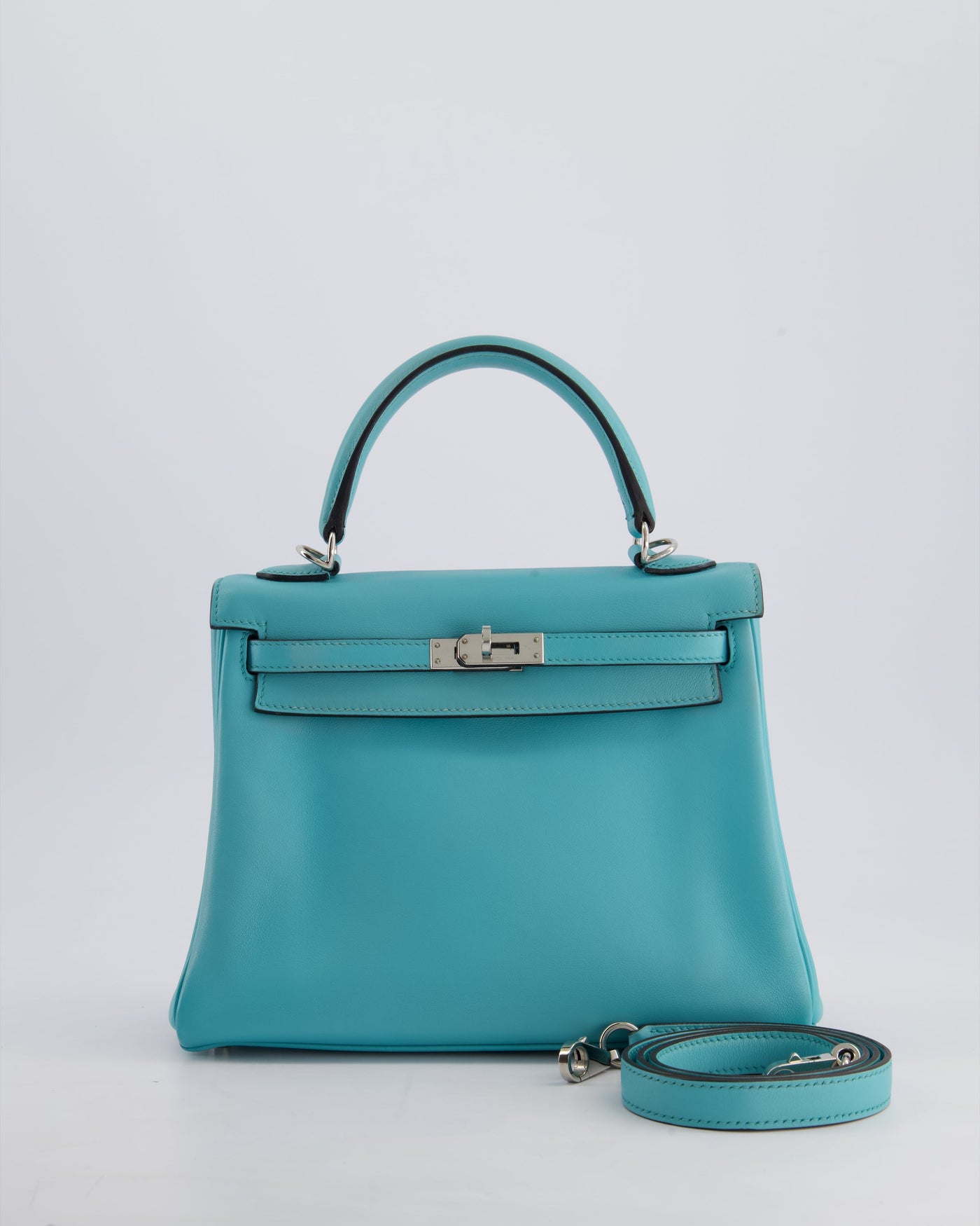Hermes Kelly 25 Retourne Bag in Bleu Atoll Swift Leather with Palladium Hardware | Studio Nafay