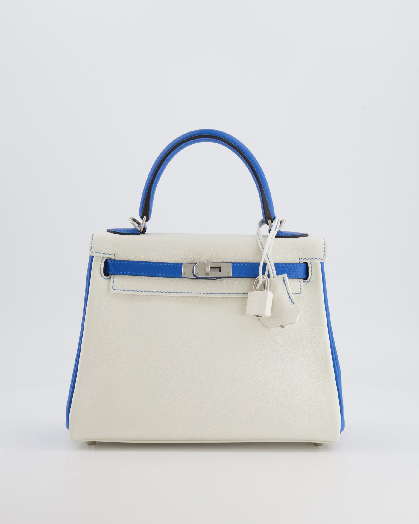 Hermes HSS Kelly 25 Retourne Bag in White and Bleu Mykonos Evercolor Leather with Contrast Stitching and Brushed Palladium Hardware - Product Image 2