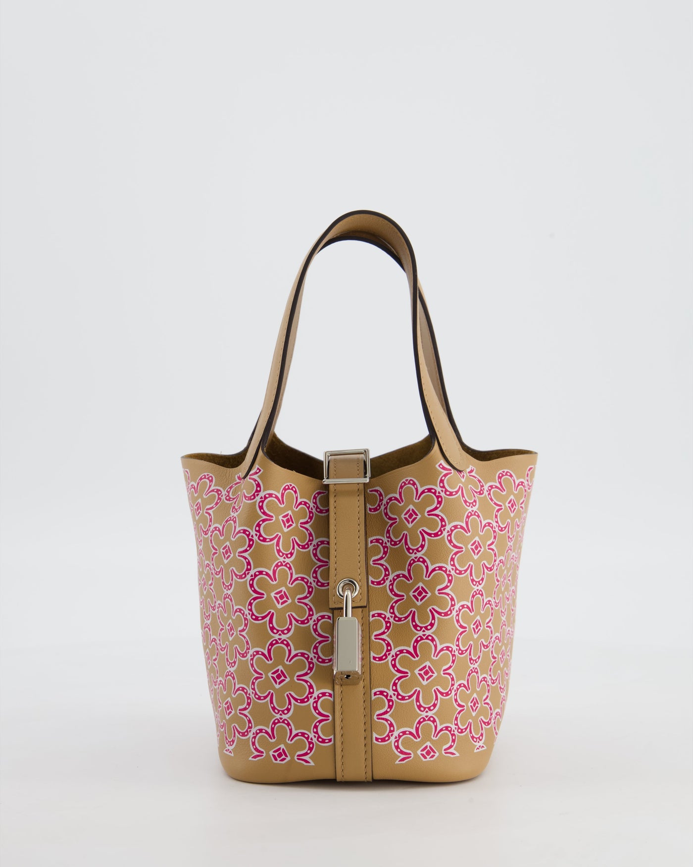 Hermes Micro Picotin 14 Lucky Daisy Bag in Blanc, Chai & Framboise Swift Leather with Palladium Hardware | Studio Nafay