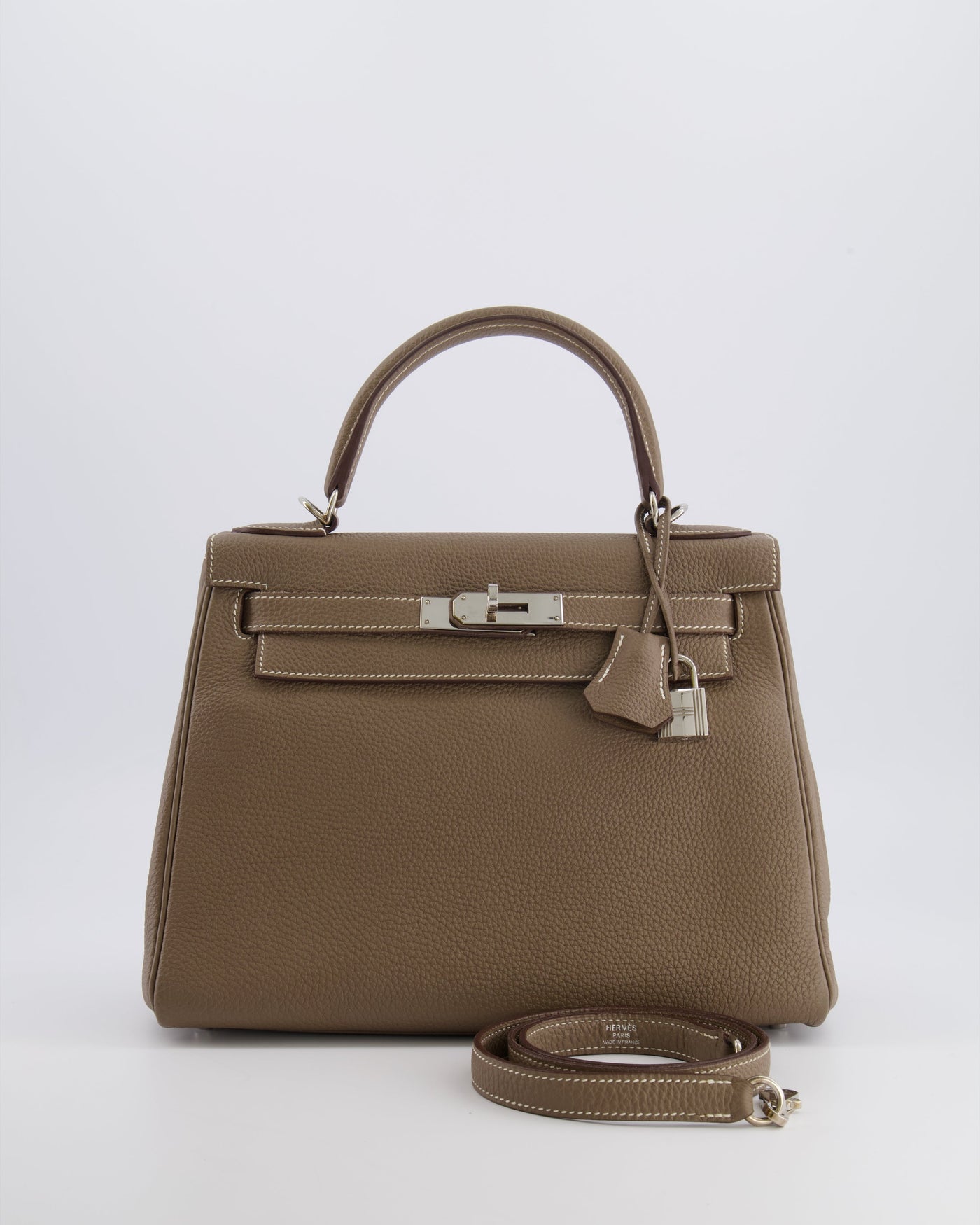 Hermes Kelly 28 Retourne Bag in Etoupe Togo Leather with Palladium Hardware | Studio Nafay