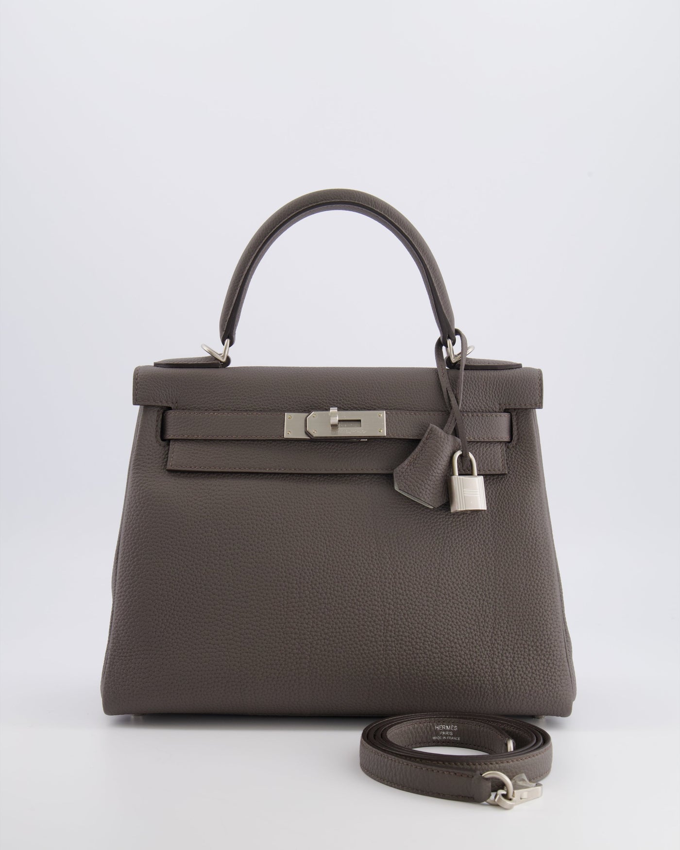 Hermes Kelly 28 Retourne HSS Bag in Gris Etain Togo Leather with Gris Perle Interior and Brushed Palladium Hardware | Studio Nafay