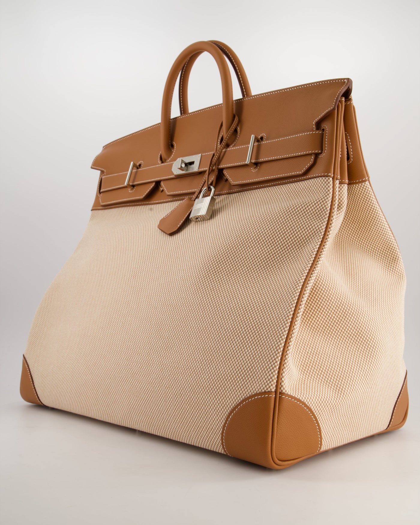 *RARE* Hermes Haut à Courroies HAC 50 Bag in Gold Evercolour Leather & Écru/Beige Toile Cross Canvas with Palladium Hardware - Product Image 9