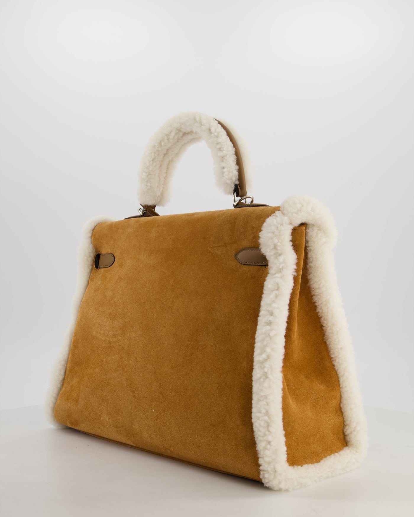 Hermes Kelly 35 Teddy Plush Grizzly Bag in Alezan Swift Leather, Ecru Plush & Chamois Grizzly Suede Leather with Palladium Hardware - Product Image 8