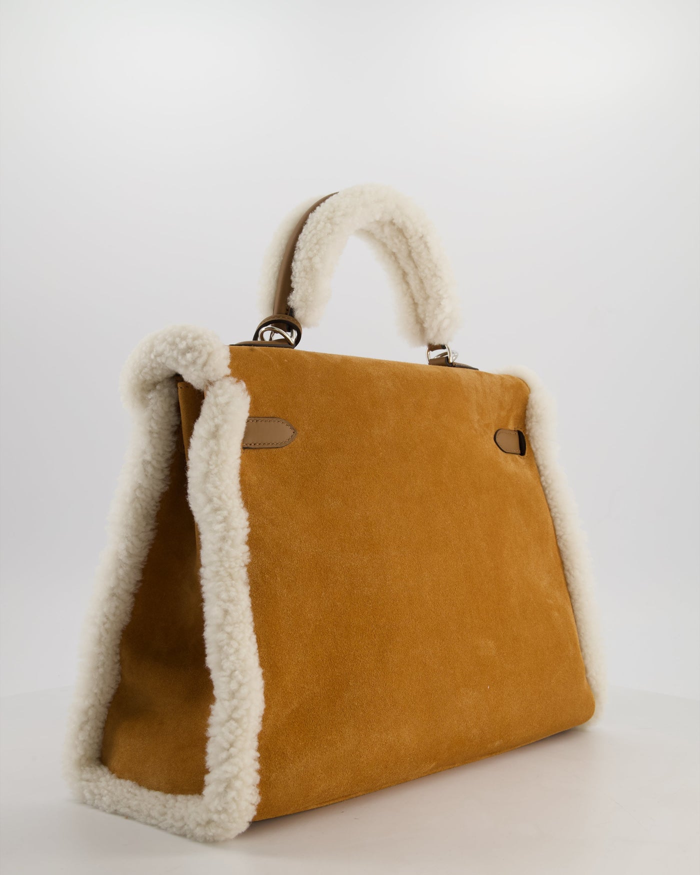 Hermes Kelly 35 Teddy Plush Grizzly Bag in Alezan Swift Leather, Ecru Plush & Chamois Grizzly Suede Leather with Palladium Hardware - Product Image 10