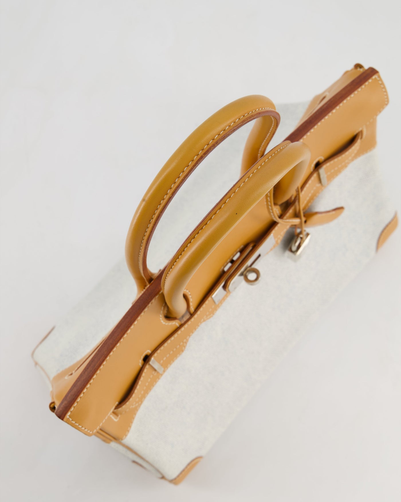 *RARE* Hermes Birkin 30 Retourne Toile Bag in Natural Sable Vache Naturelle Leather & Écru/Ciel Cross Toile Canvas with Palladium Hardware - Product Image 15