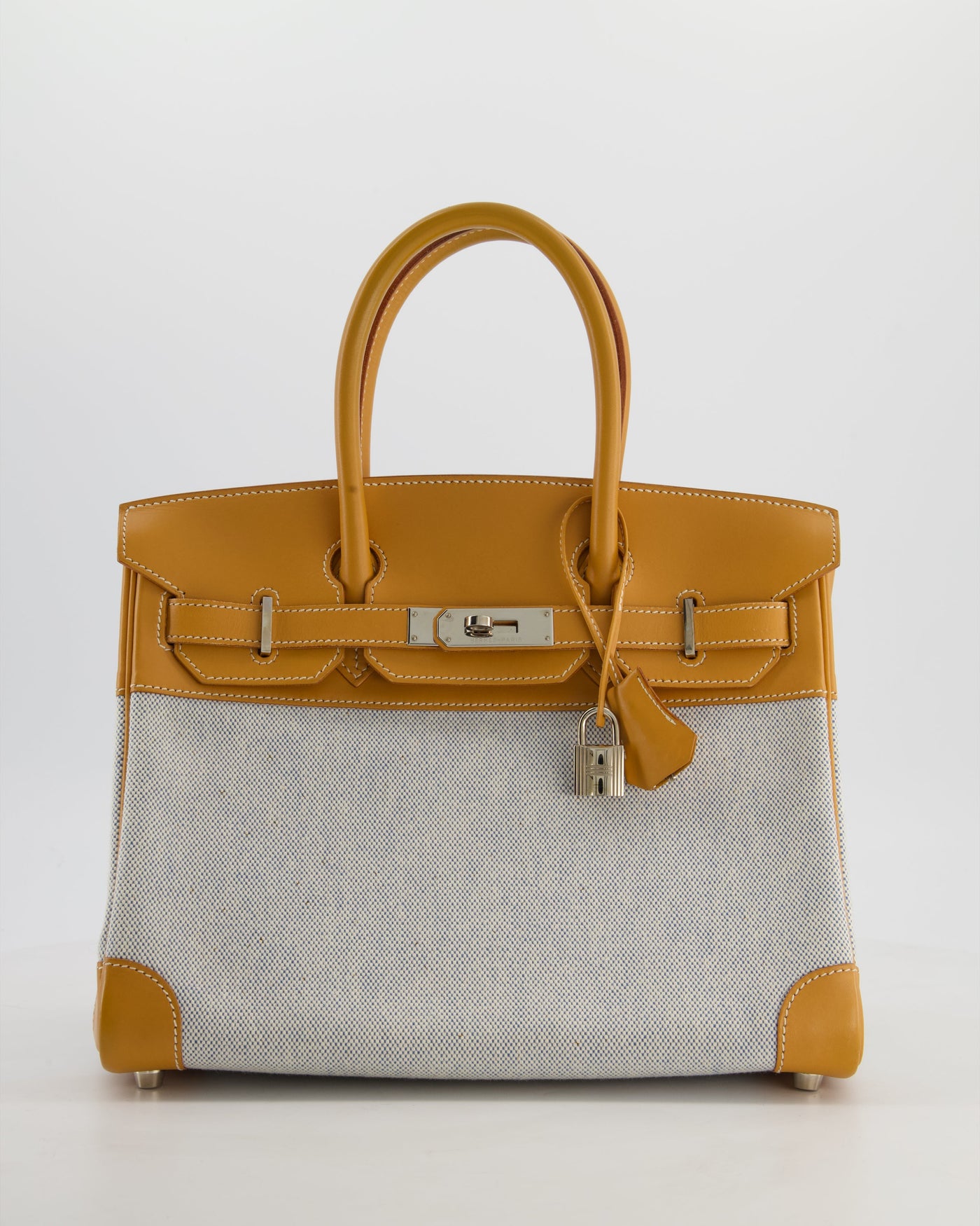 *RARE* Hermes Birkin 30 Retourne Toile Bag in Natural Sable Vache Naturelle Leather & Écru/Ciel Cross Toile Canvas with Palladium Hardware | Studio Nafay
