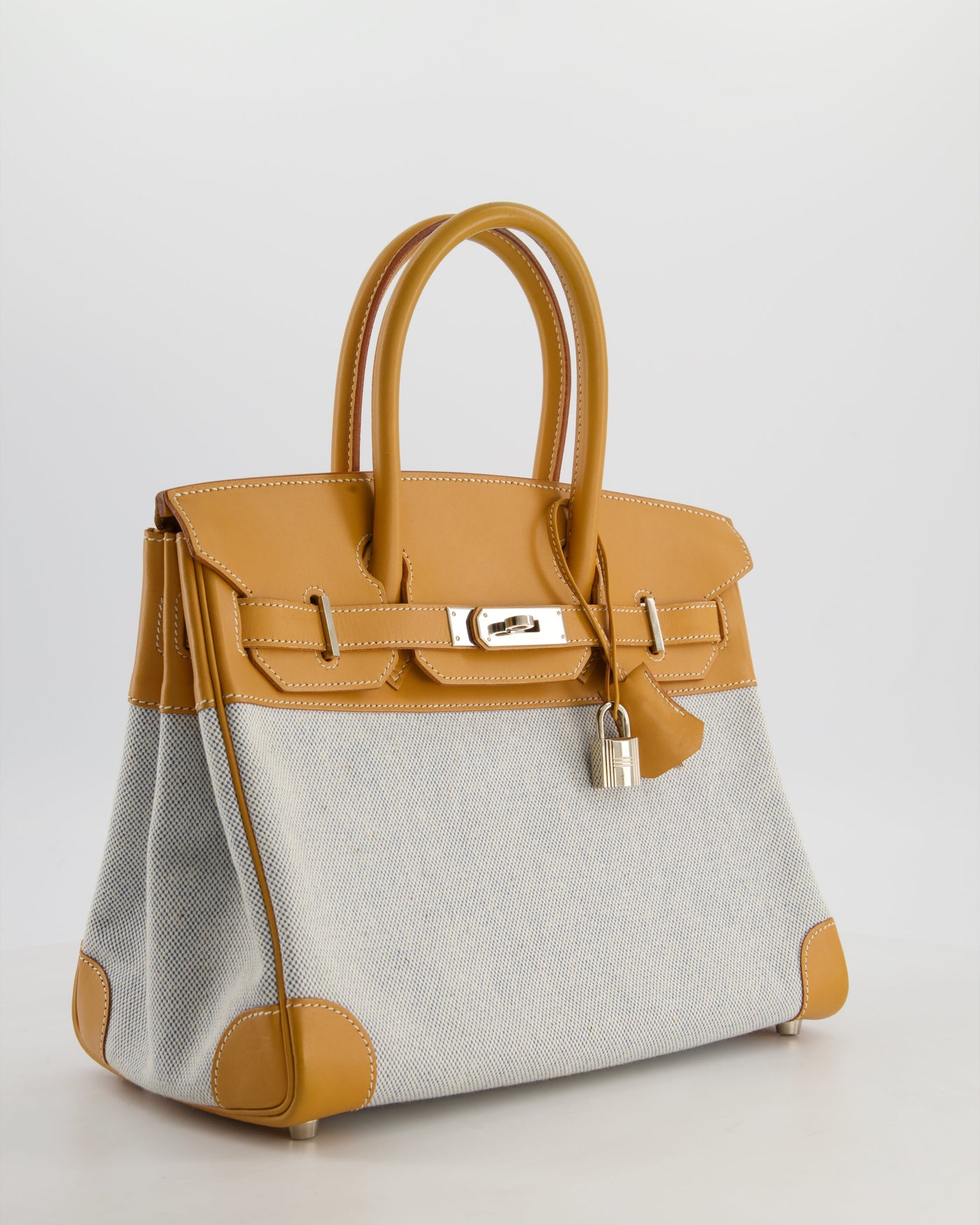 *RARE* Hermes Birkin 30 Retourne Toile Bag in Natural Sable Vache Naturelle Leather & Écru/Ciel Cross Toile Canvas with Palladium Hardware - Product Image 16