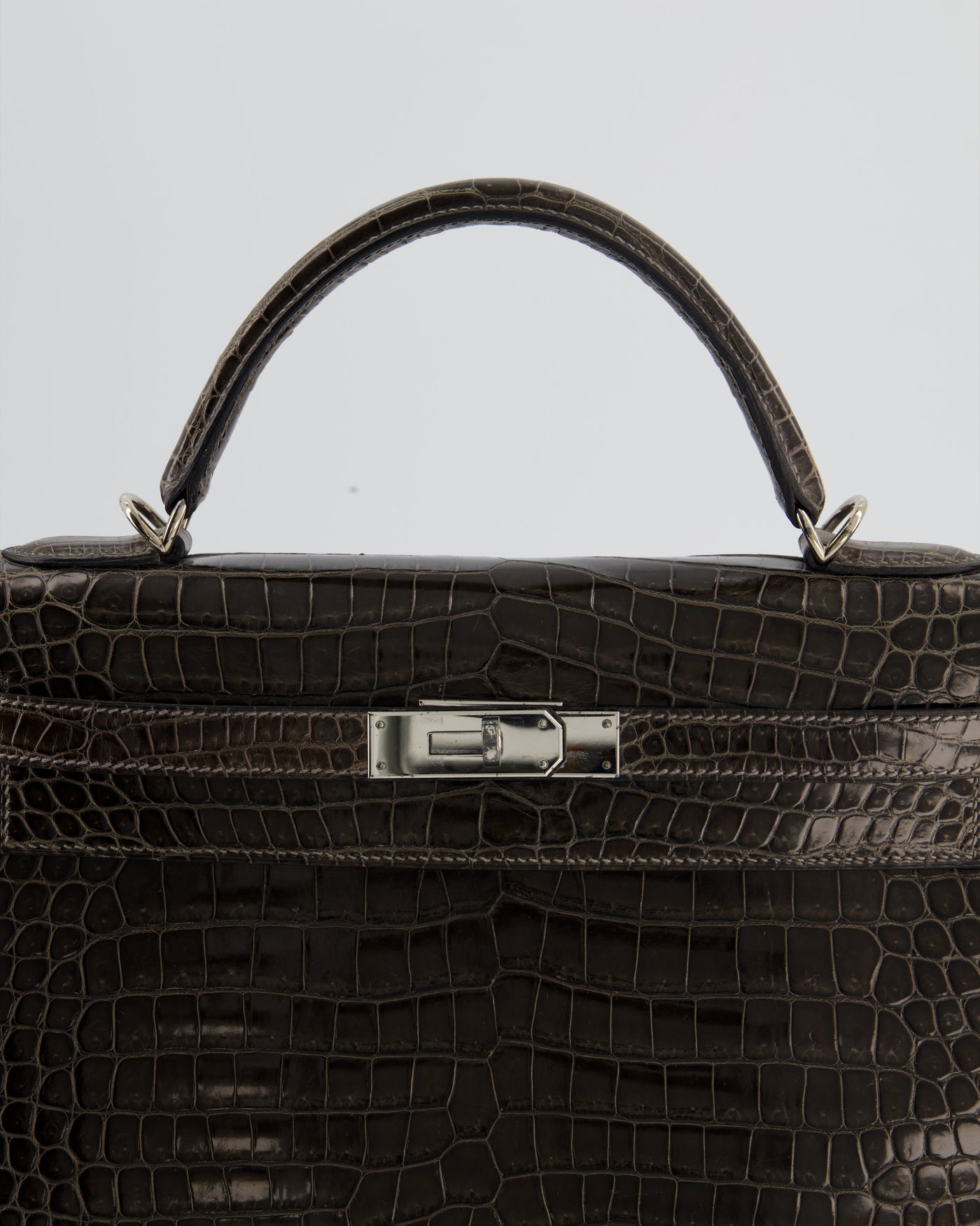 Hermes Kelly 32 Sellier Bag in Graphite Shiny Porosus Crocodile Leather with Palladium Hardware - Product Image 14