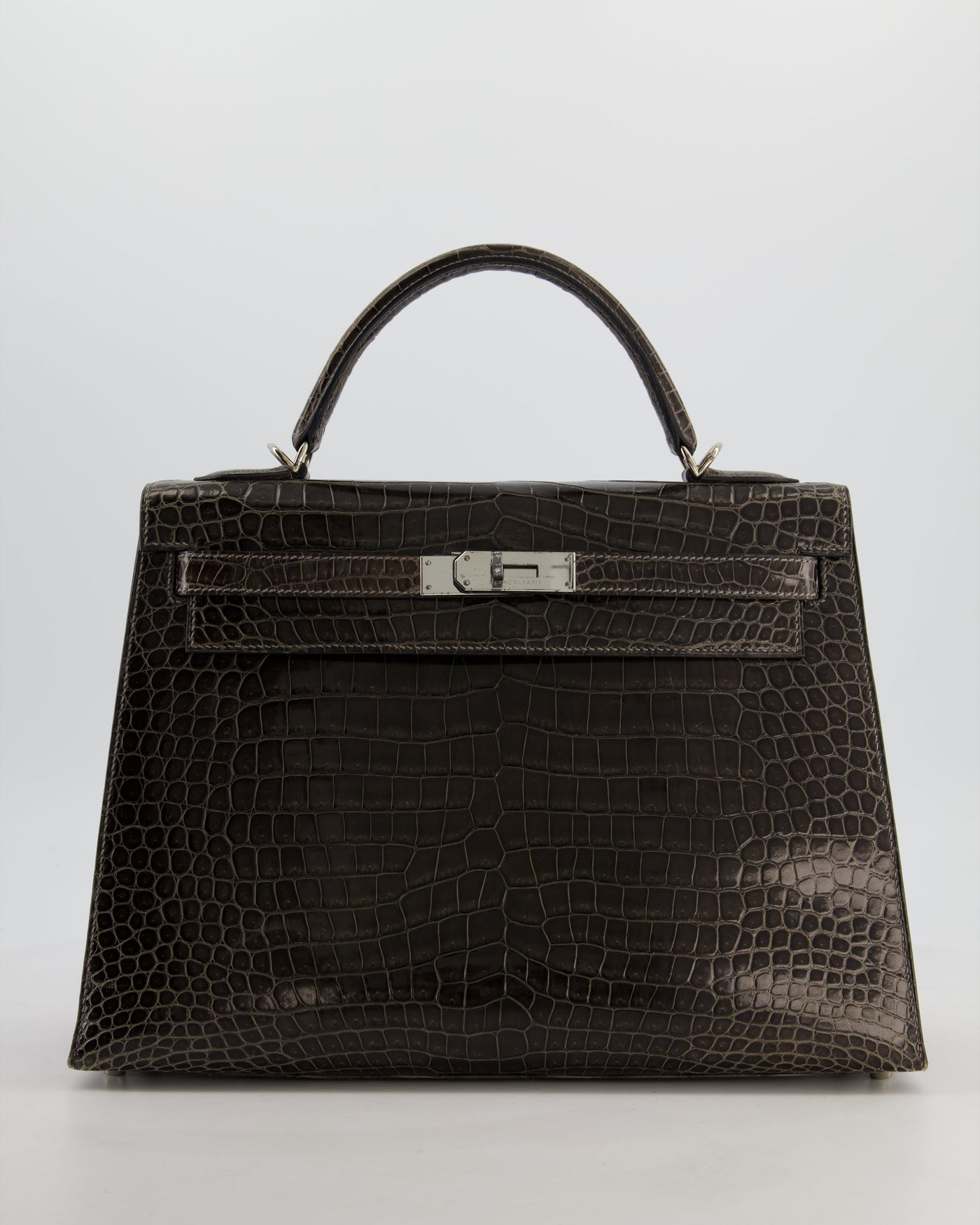 Hermes Kelly 32 Sellier Bag in Graphite Shiny Porosus Crocodile Leather with Palladium Hardware | Studio Nafay