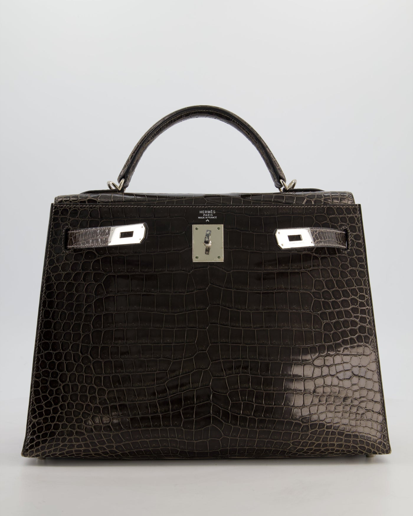 Hermes Kelly 32 Sellier Bag in Graphite Shiny Porosus Crocodile Leather with Palladium Hardware - Product Image 17
