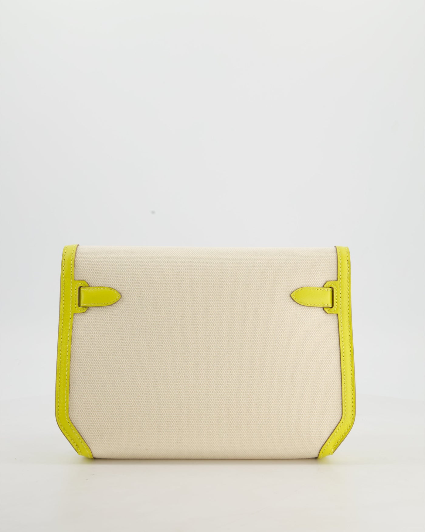 Hermes Kelly Depeches 25 Verso Bag in Ecru Canvas and Jaune Citron Chèvre with Palladium Hardware - Product Image 6