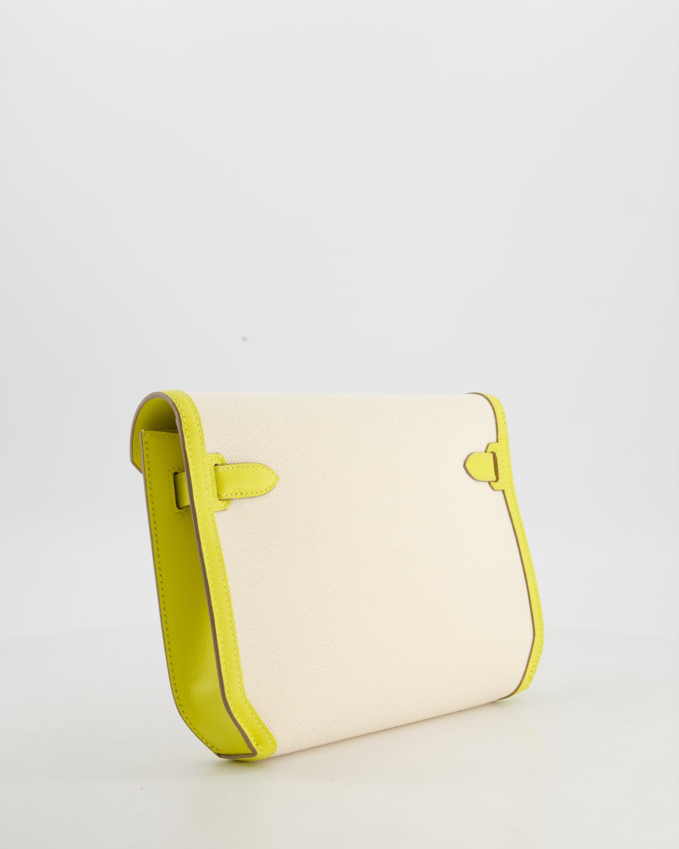 Hermes Kelly Depeches 25 Verso Bag in Ecru Canvas and Jaune Citron Chèvre with Palladium Hardware - Product Image 7