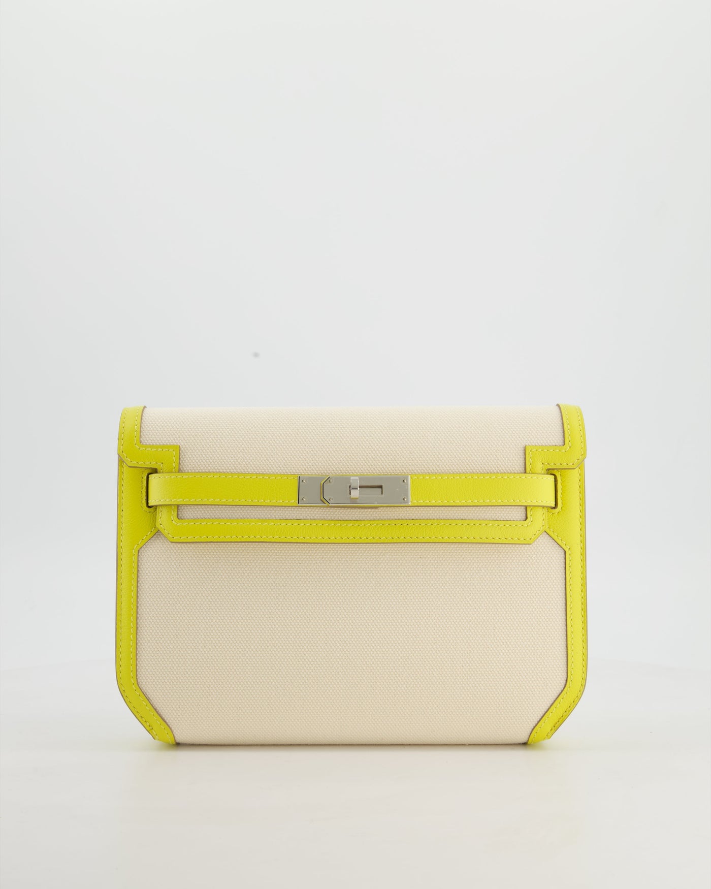 Hermes Kelly Depeches 25 Verso Bag in Ecru Canvas and Jaune Citron Chèvre with Palladium Hardware - Product Image 2