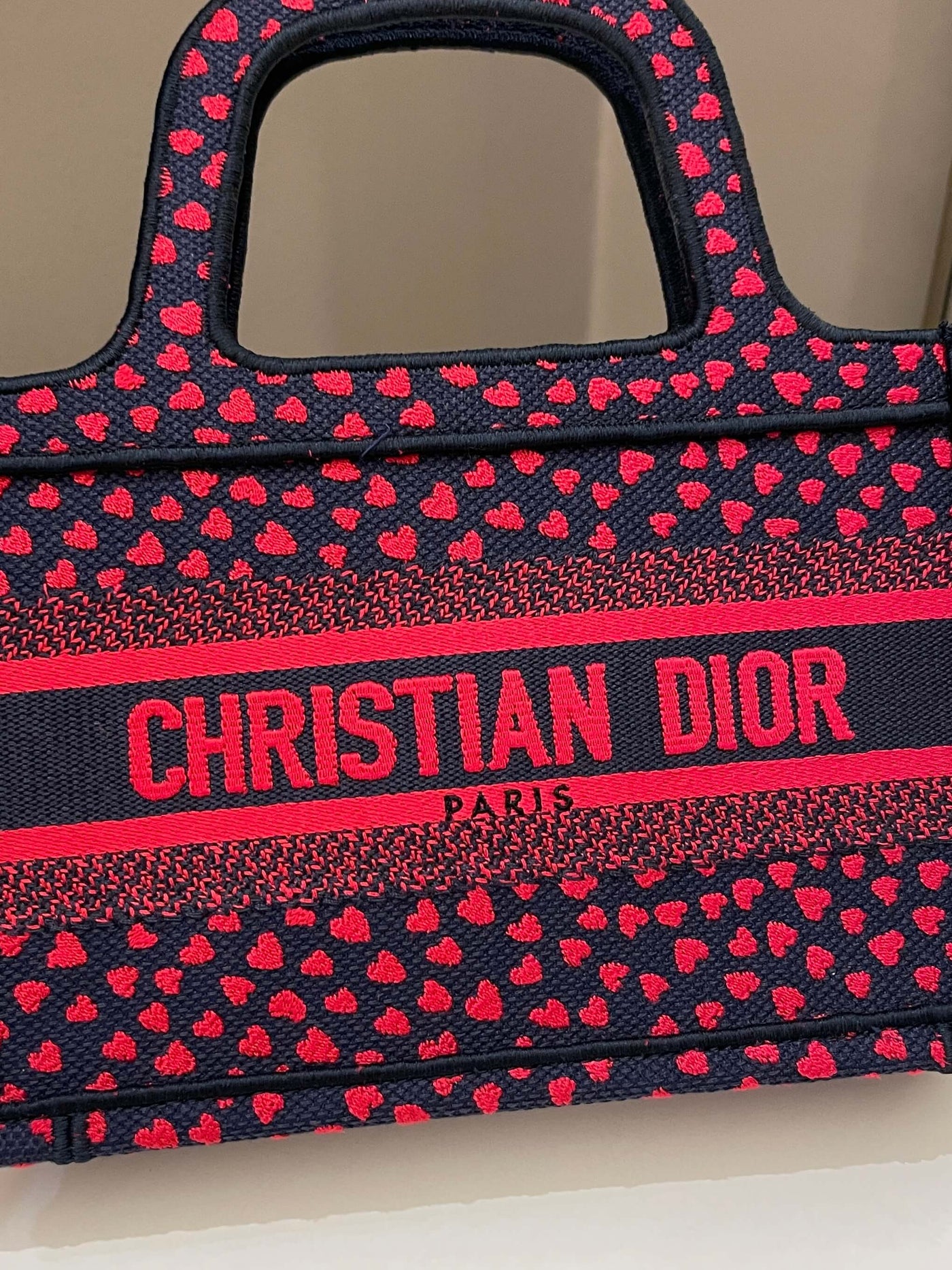 Dior Mini Book Tote Navy Blue / Red Embroidery | Studio Nafay