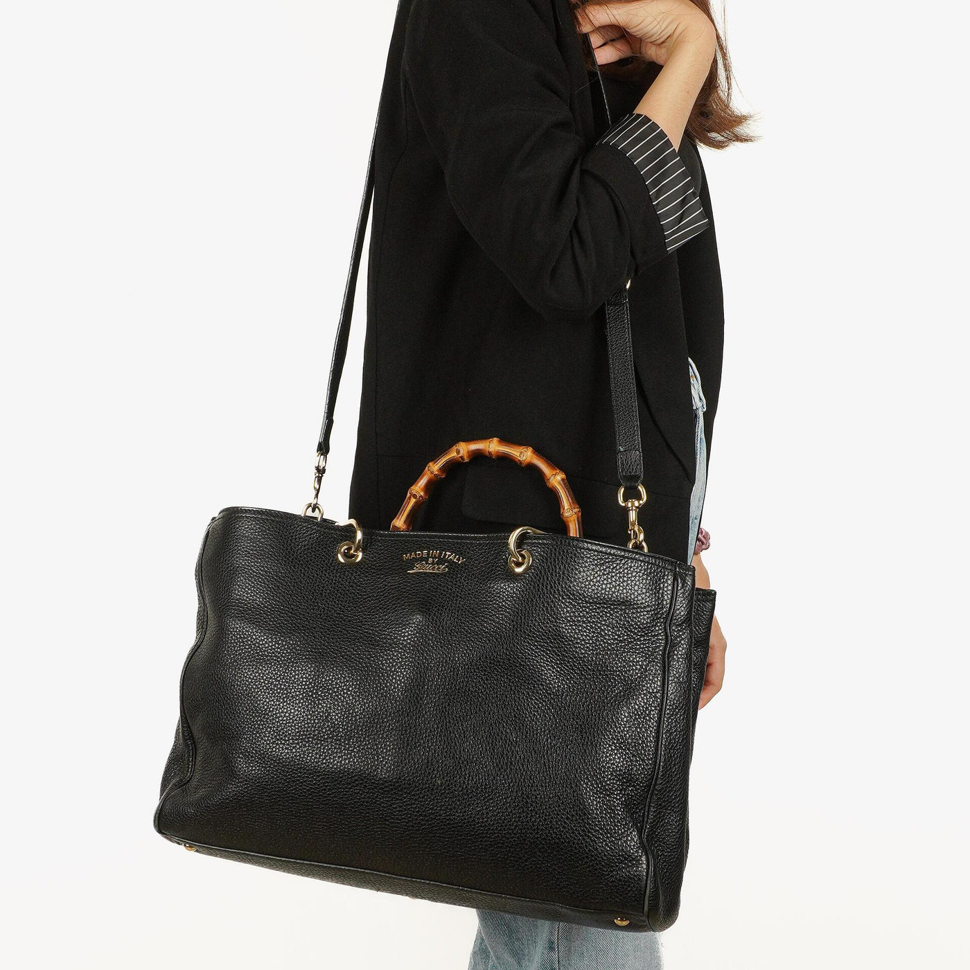 Gucci Black Pebbled Leather Bamboo Shopper Top Handle Large Tote Bag - Product Image 2