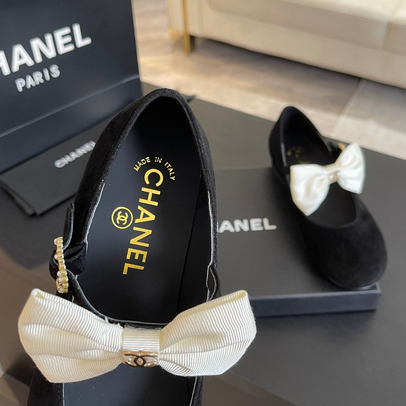BALLET FLAT BLACK SUEDE LAMBSKIN WITH WHITE BOW - Product Image 8