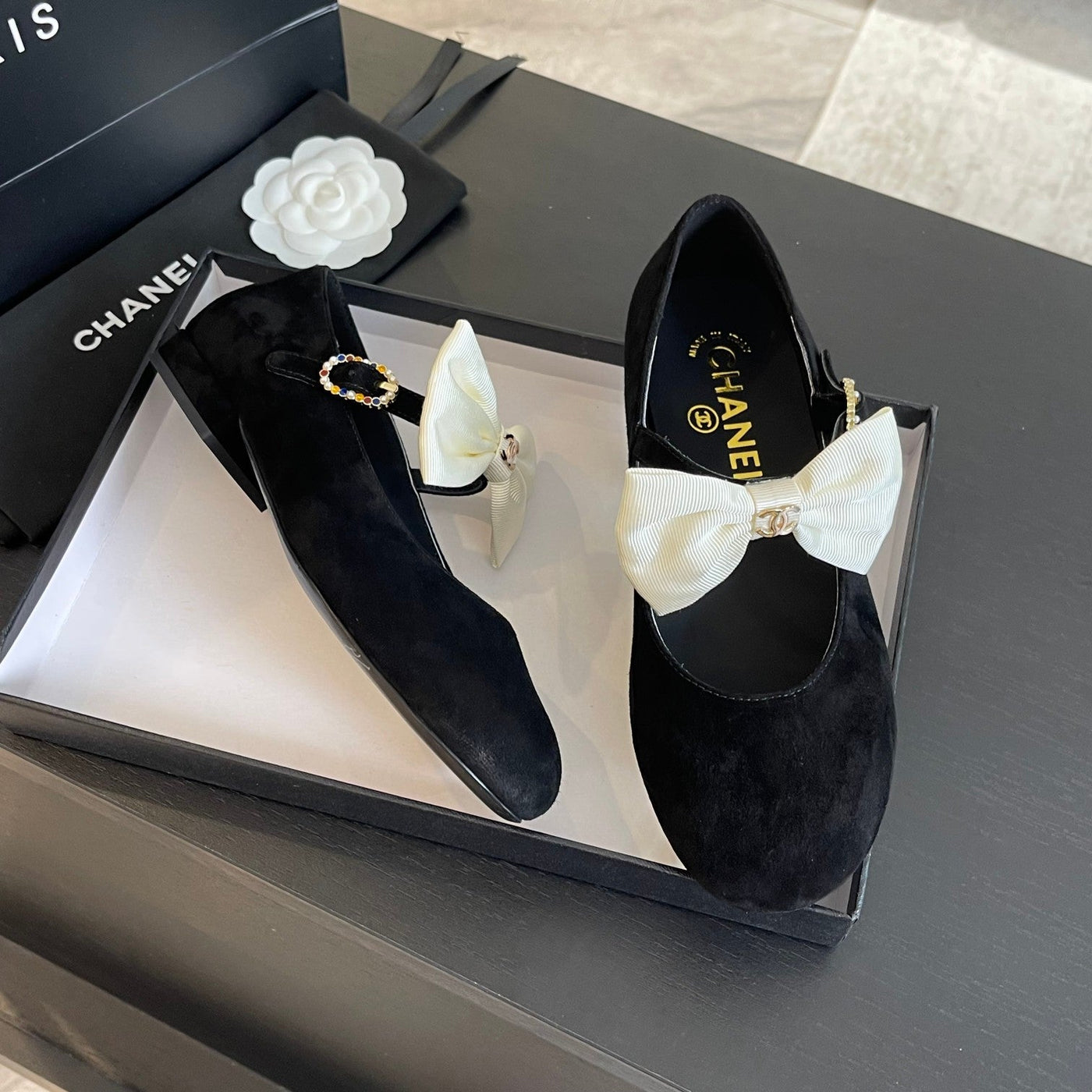 BALLET FLAT BLACK SUEDE LAMBSKIN WITH WHITE BOW - Product Image 7