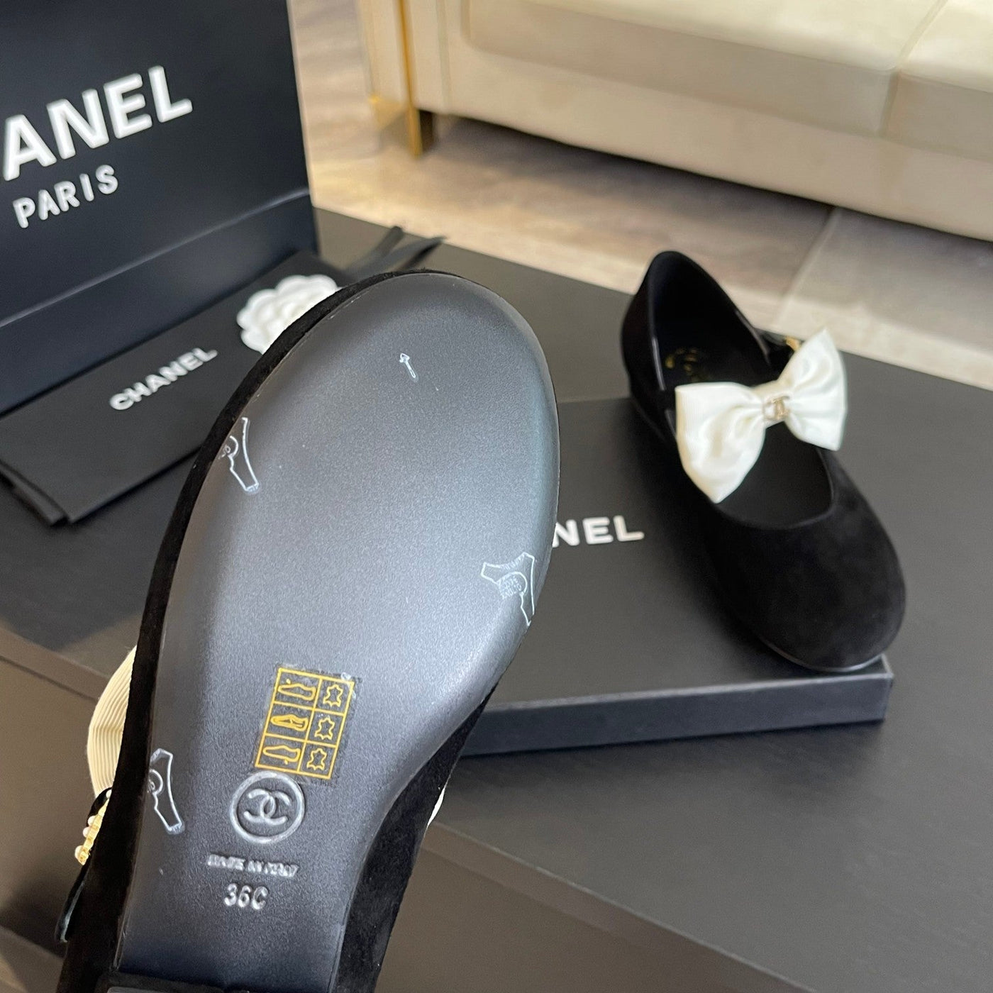 BALLET FLAT BLACK SUEDE LAMBSKIN WITH WHITE BOW - Product Image 4