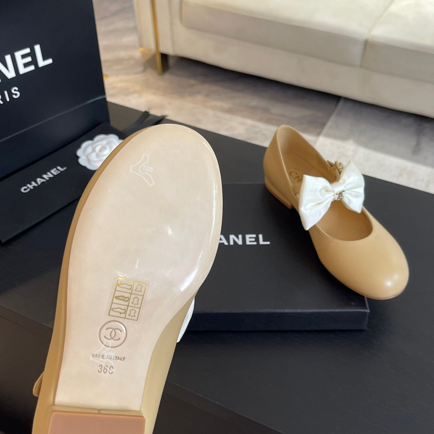 BALLET FLAT DARK CREAM LAMBSKIN WITH WHITE BOW - Product Image 8