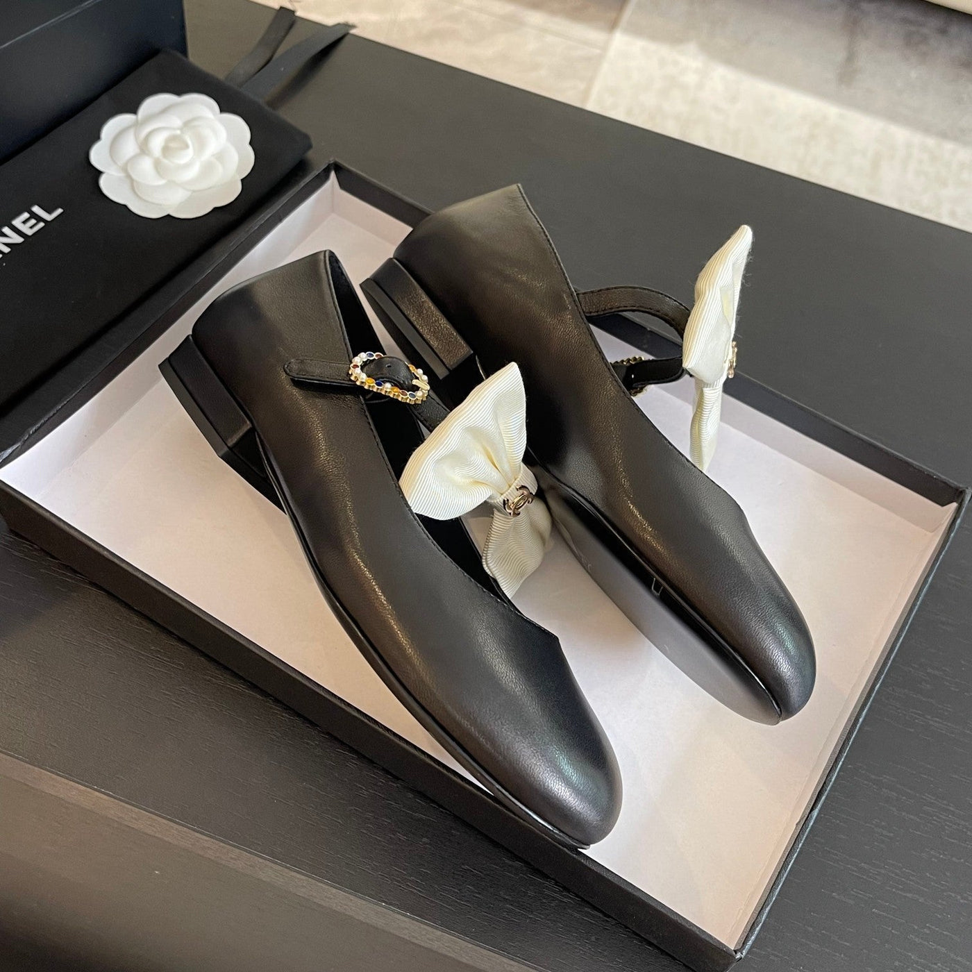 BALLET FLAT BLACK LAMBSKIN WITH WHITE BOW - Product Image 9