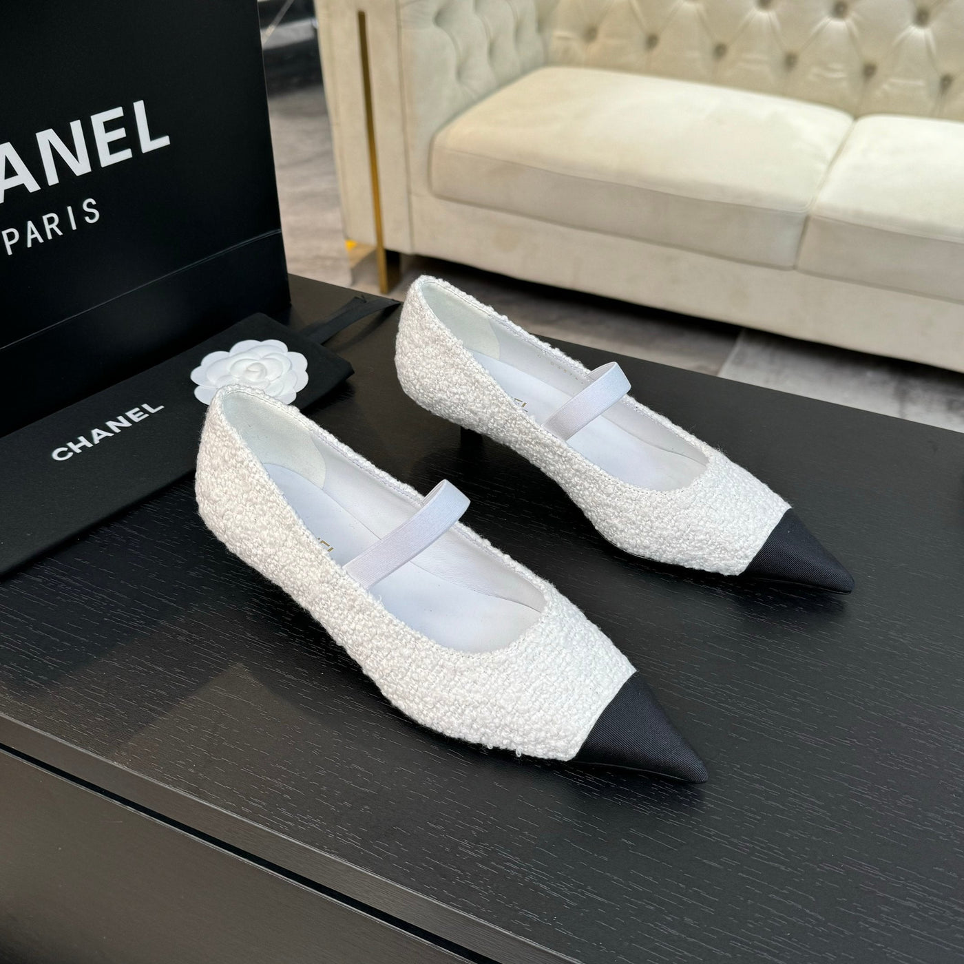 mary jane 35 pointed toe white tweed black grosgrain | Studio Nafay