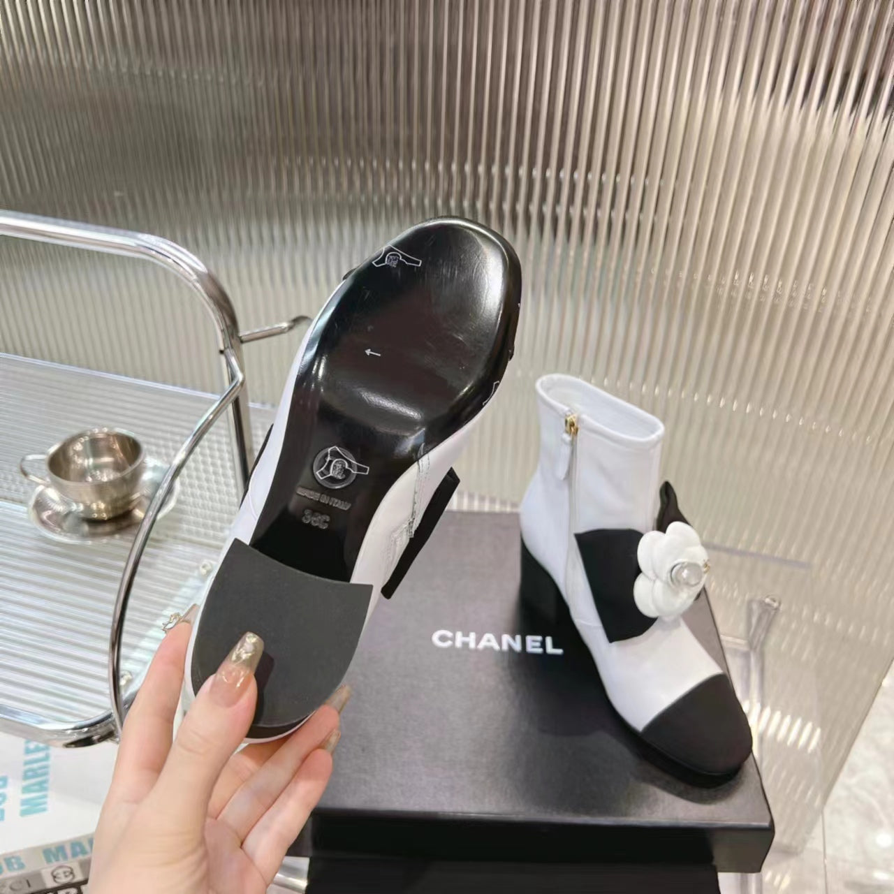 CC Short Boots 60mm White Camellia Cowhide - Product Image 7