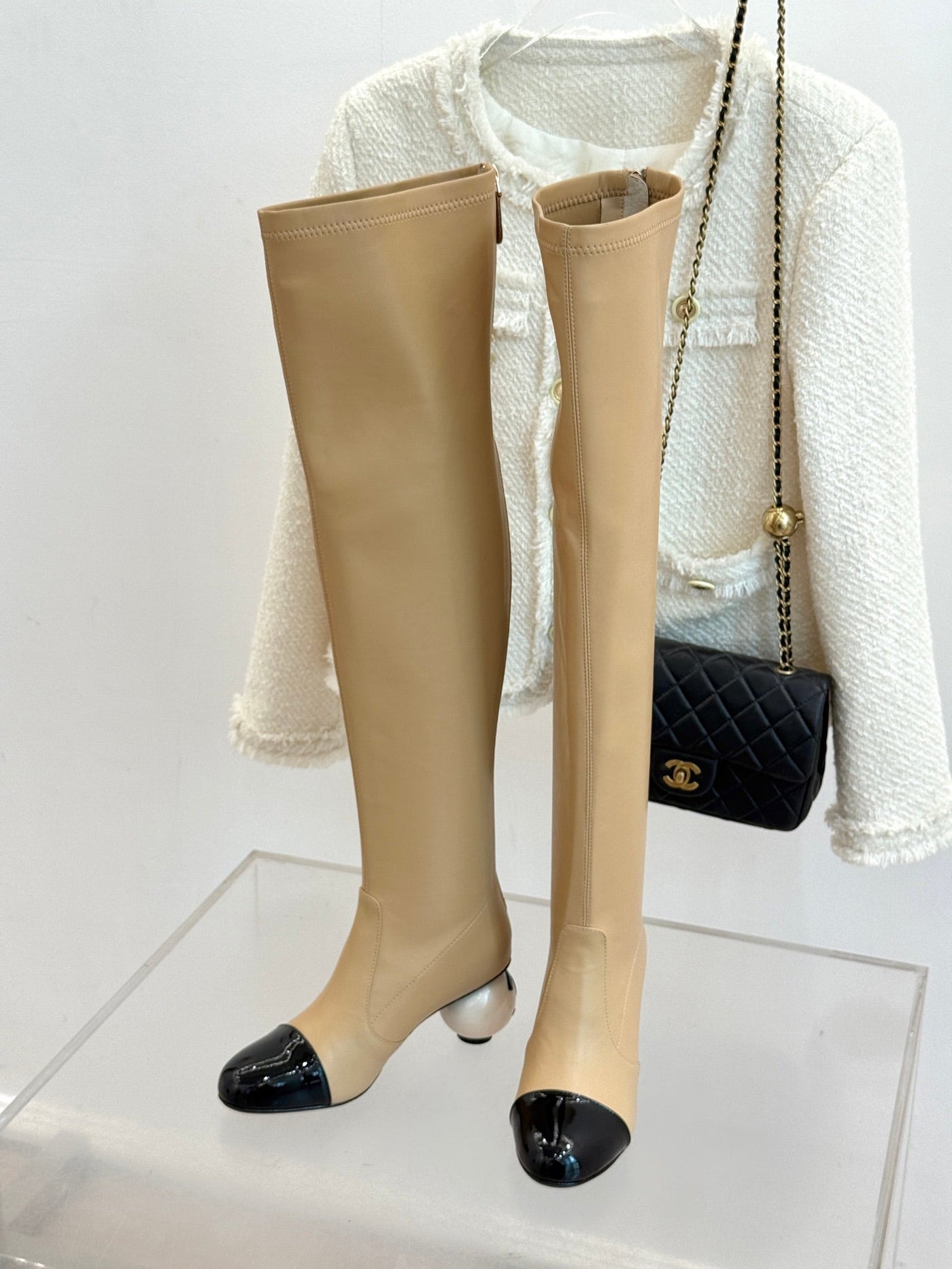 Chanel 25 Double C Giant Pearl Heel Long Boot Beige Black Sheepskin 465411 - Product Image 9