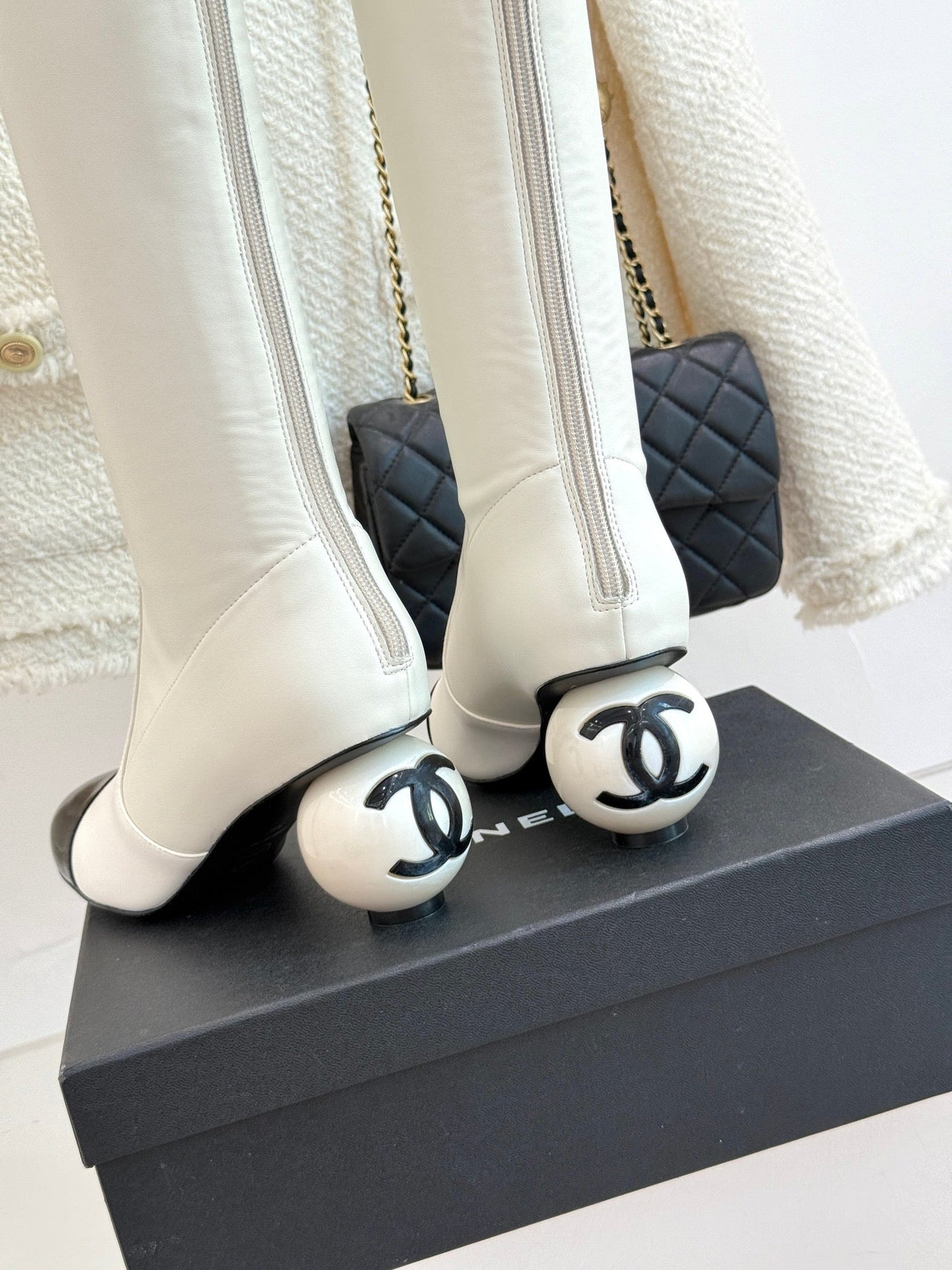 Chanel 25 Double C Giant Pearl Heel Long Boot White Black Sheepskin 465412 - Product Image 6