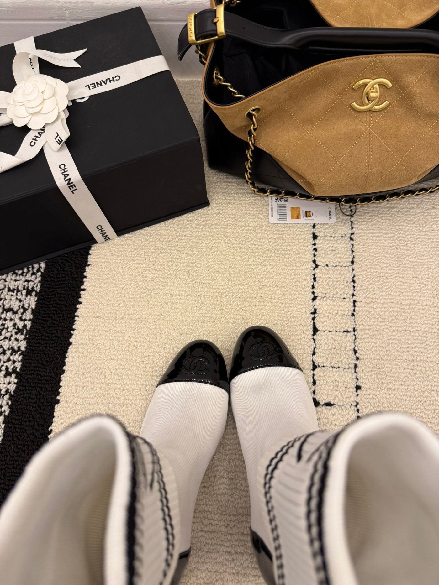 CC Chunky Heel Sock Boot White Leather Knit 548118 - Product Image 2