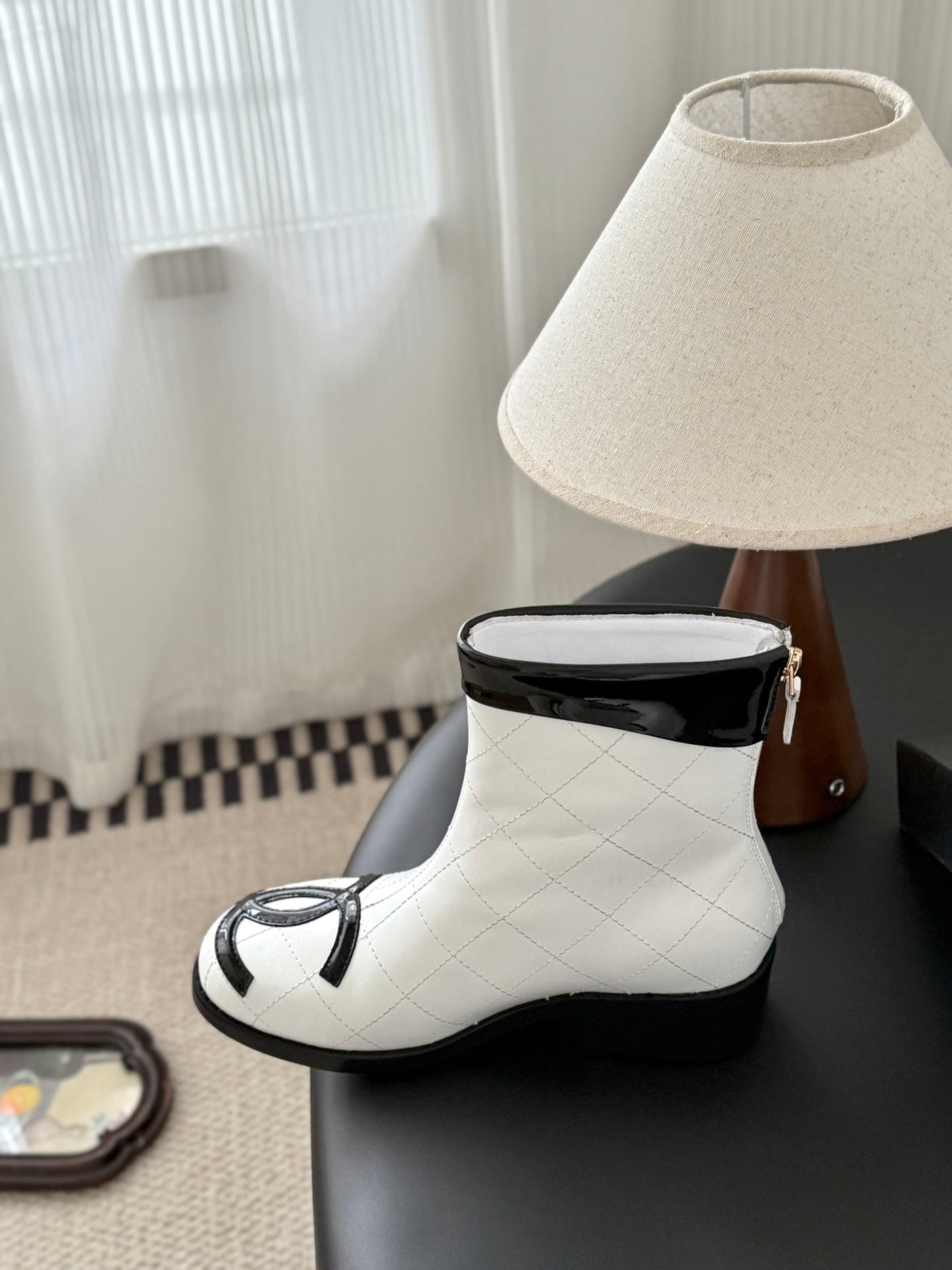 CC Cambon Mid-Calf Short Boots White Black Cowhide 550633 - Product Image 3