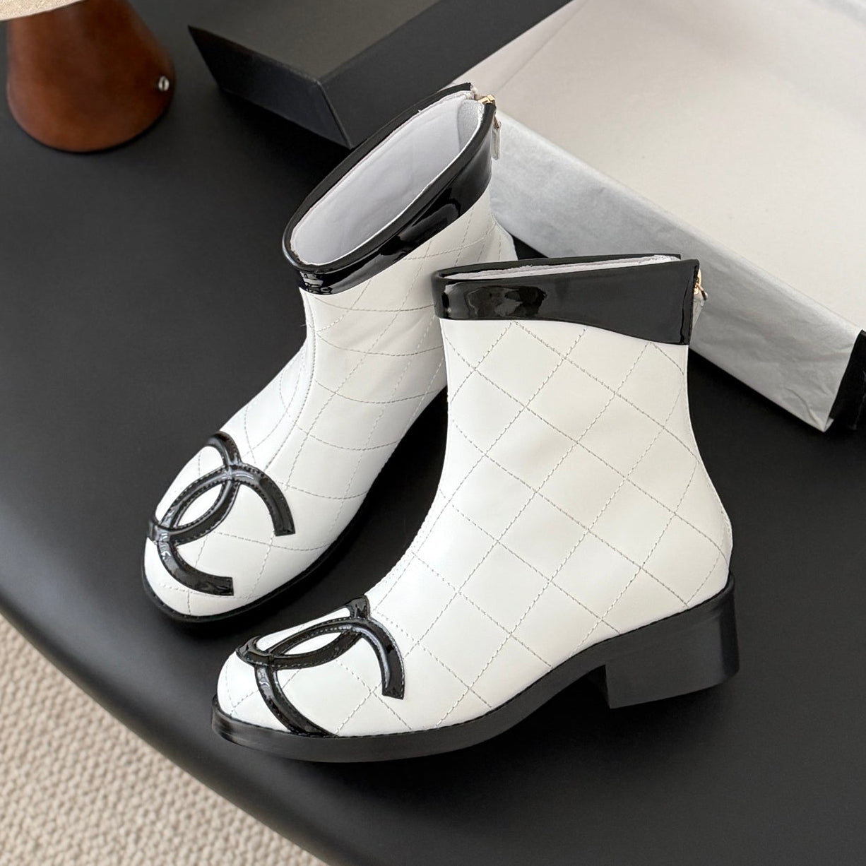 CC Cambon Mid-Calf Short Boots White Black Cowhide 550633 | Studio Nafay