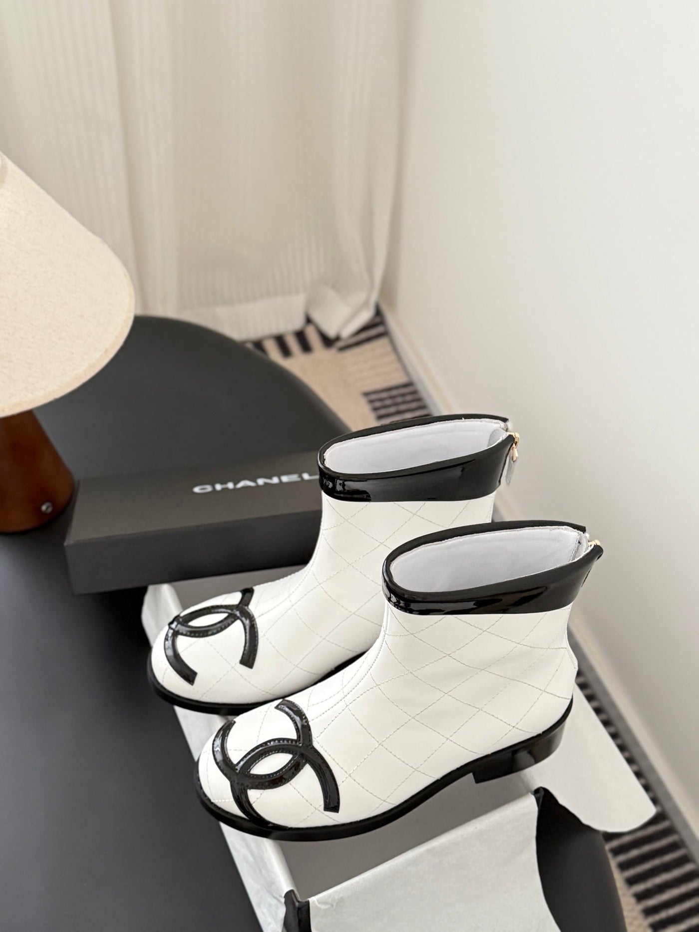 CC Cambon Mid-Calf Short Boots White Black Cowhide 550633 - Product Image 5