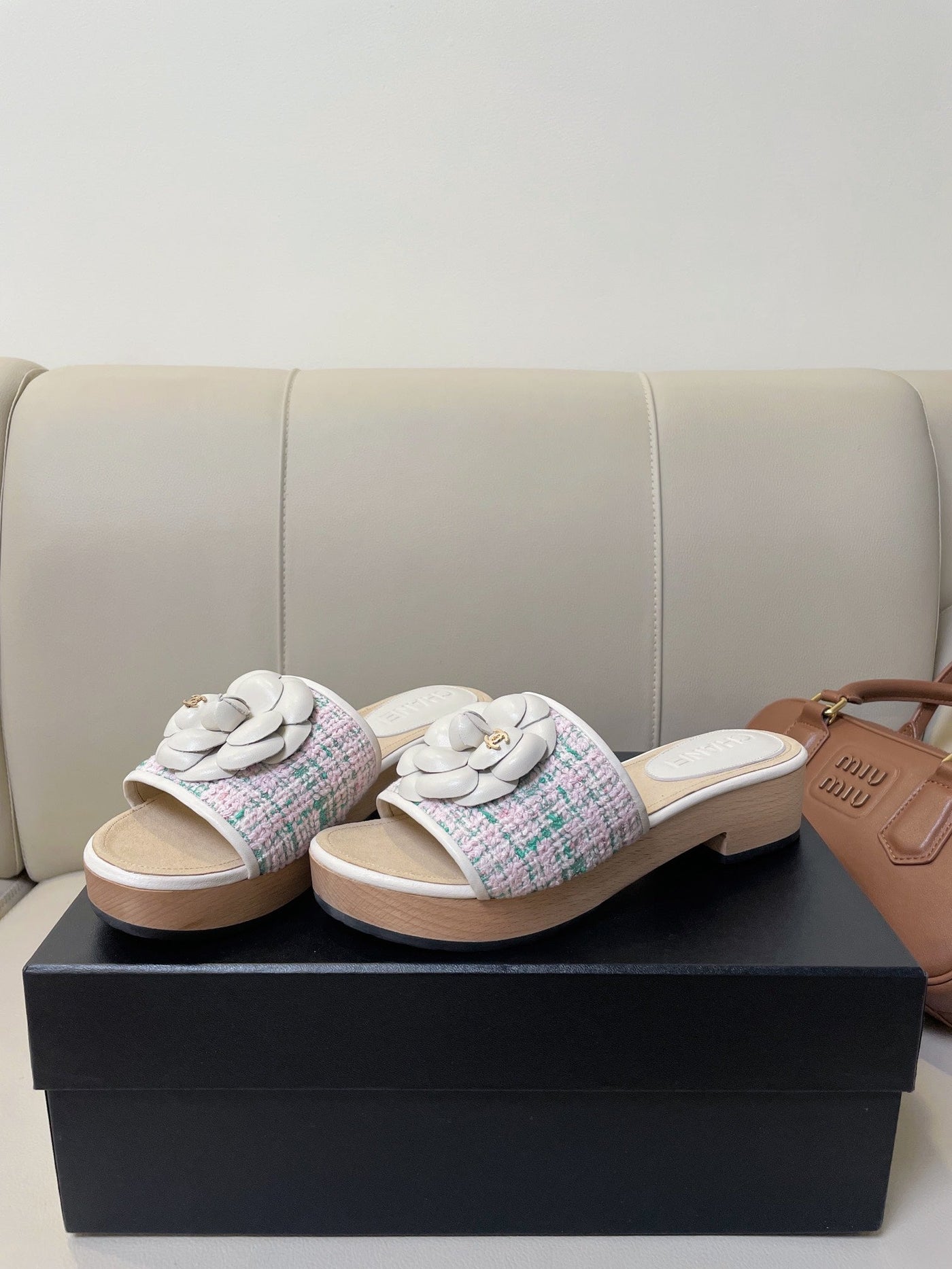 cc mule sandal 45 pink blue fabric beige calfskin - Product Image 7